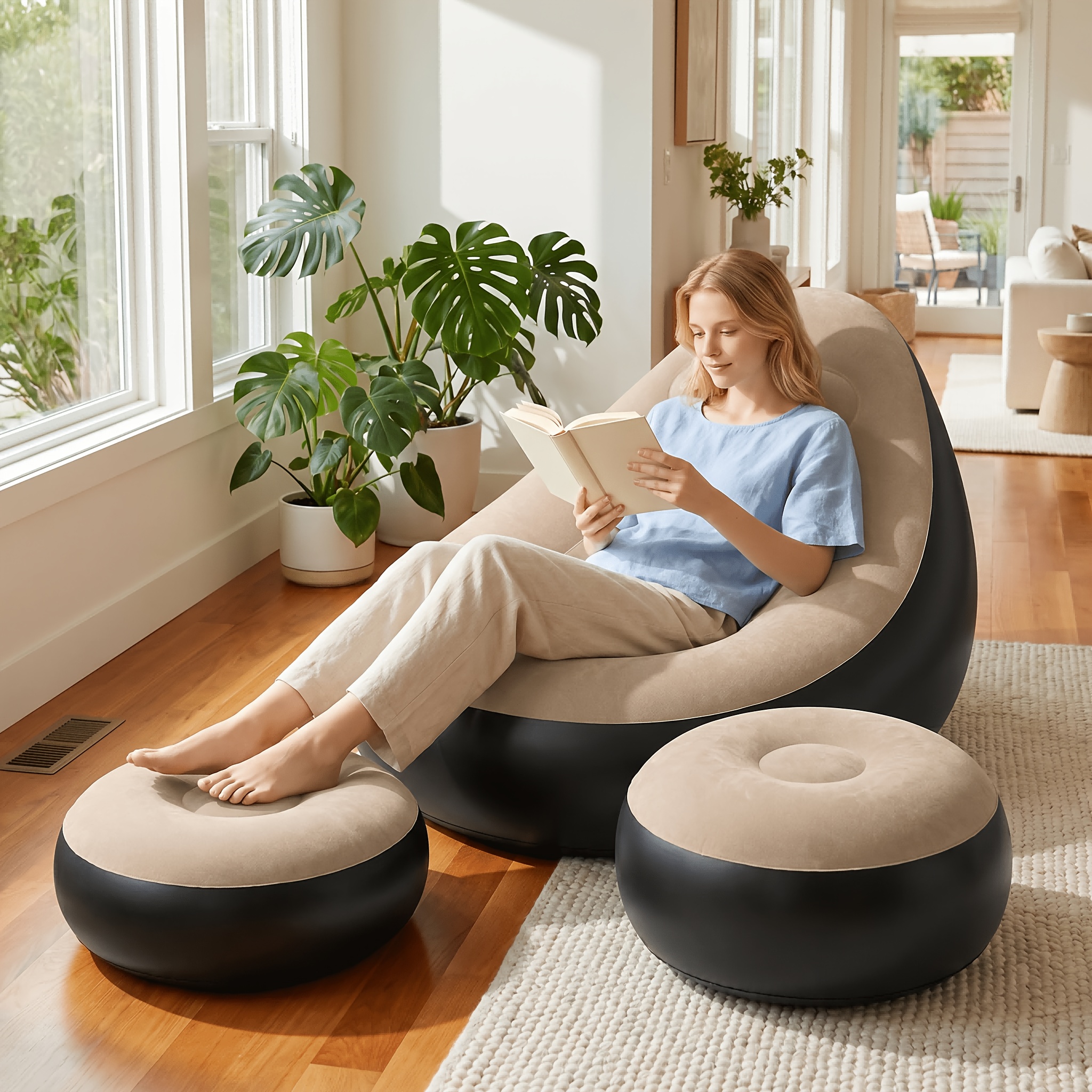 1-person Portable Inflatable Sofa With Footstool & Manual Pump - Quick-setup Foldable Air Bed Suitable For Indoor, Camping, Beach, Poolside Use, Lightweight Couch With Storage For,, Poolside Lounging