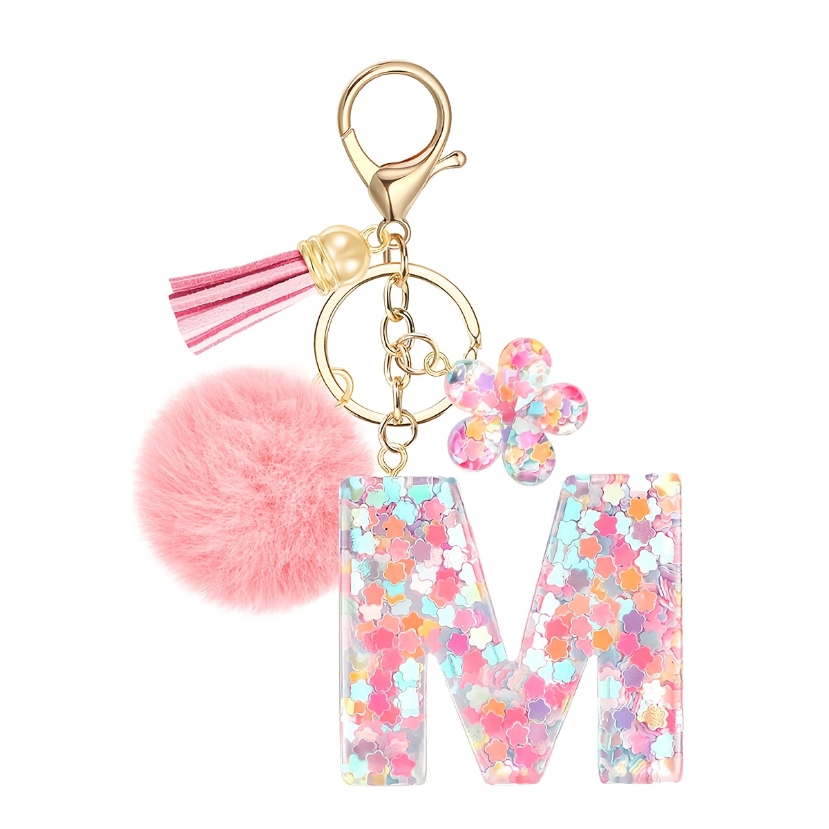 TEMU Porte-clés initiale pour femme, porte-clés lettre en résine avec , breloque pendentif pour sac avec fleur à paillettes