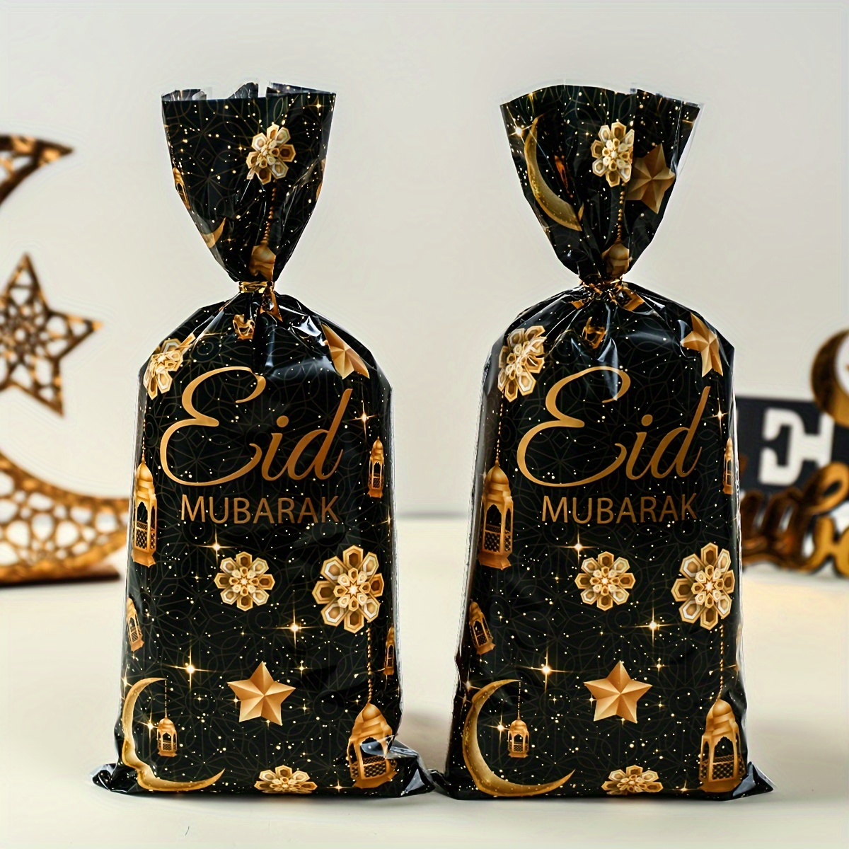 

25/50/100pcs Eid Candy Bags, Black Golden Castle Plastic Gift Bags, Party Supplies, With Multiple Components For Ramadan , Eid Al , Eid Al-fitr Decorations