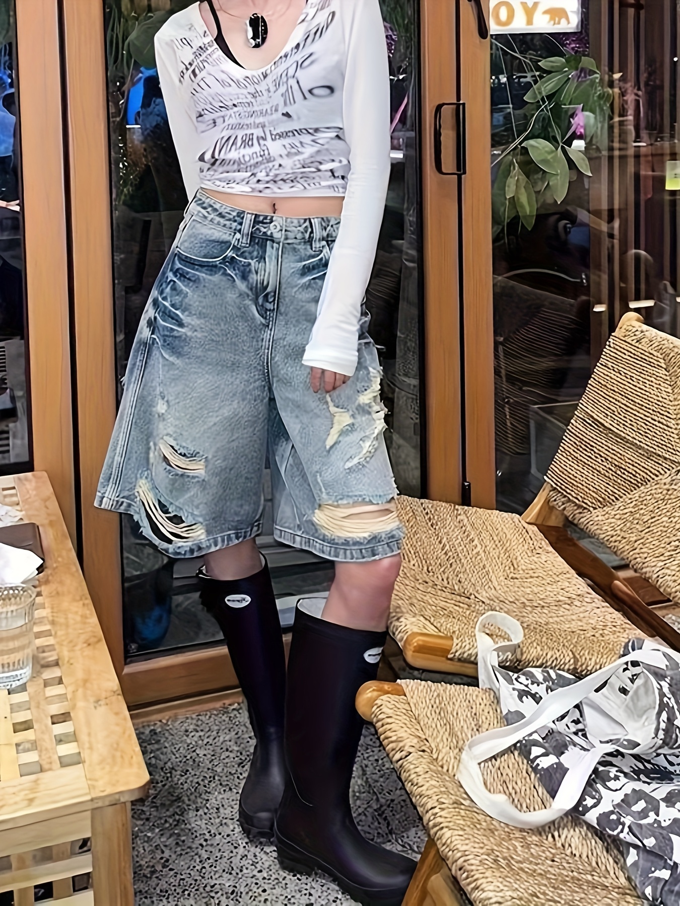 High Waisted Knee Length Distressed Denim Shorts Women's High