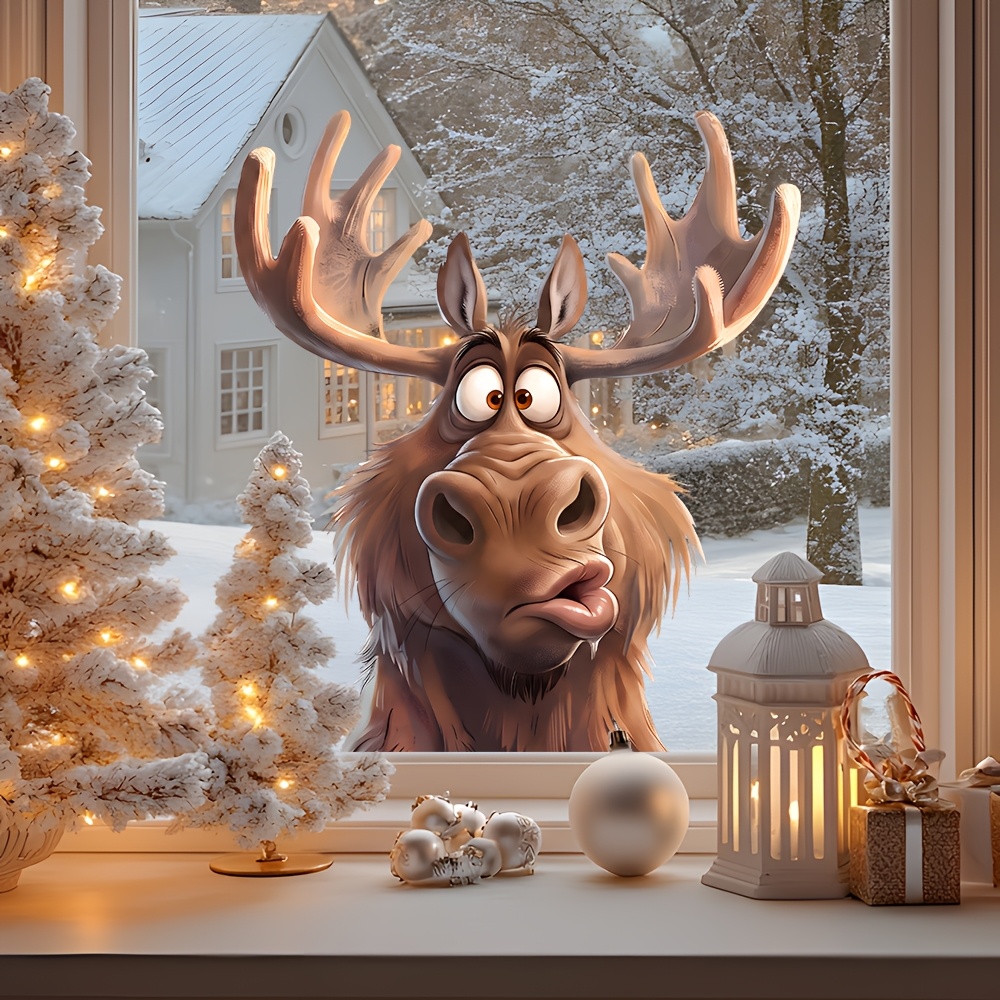 TEMU 2d Flat, 1pc 2d Cute Peeking Elk Glass Sticker, Winter Cartoon Reindeer Design, Living Room Bedroom Floor-to-ceiling Window American-style