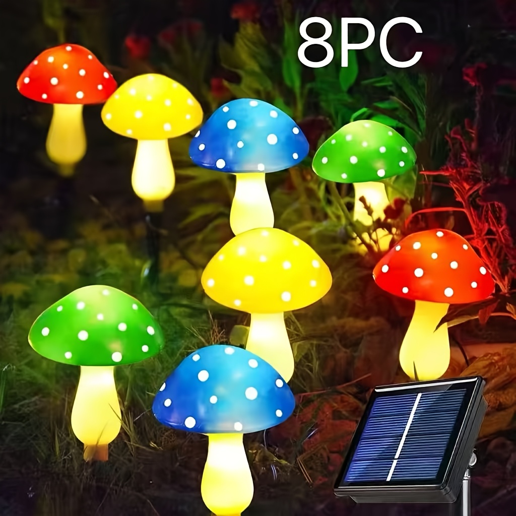 TEMU Solar-powered Colorful Mushroom Led Lights 8/20pcs Suitable For Garden, Courtyard, Festival Decoration, Ambient Lighting, Gift