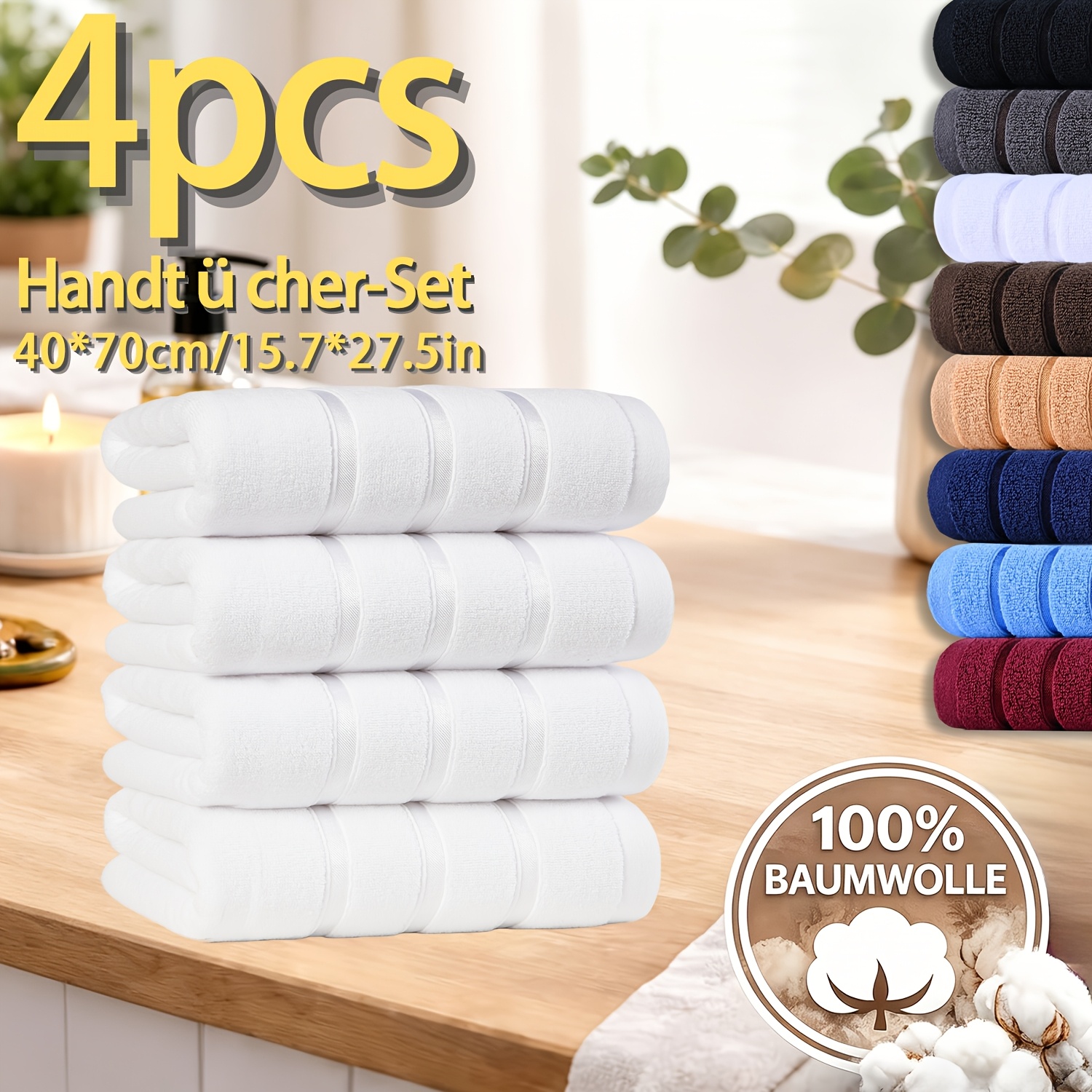 4/4/4pcs 100% Cotton Ribbon Set, 4pcs 70*140cm Bath Towel/ 4pcs 40*70cm Hand Towel/ 4pcs 35*35cm Washcloth 400 Gsm, Suitable For , Swimming Pools, Bathrooms, Hotels, And Is A Must-have For Travel