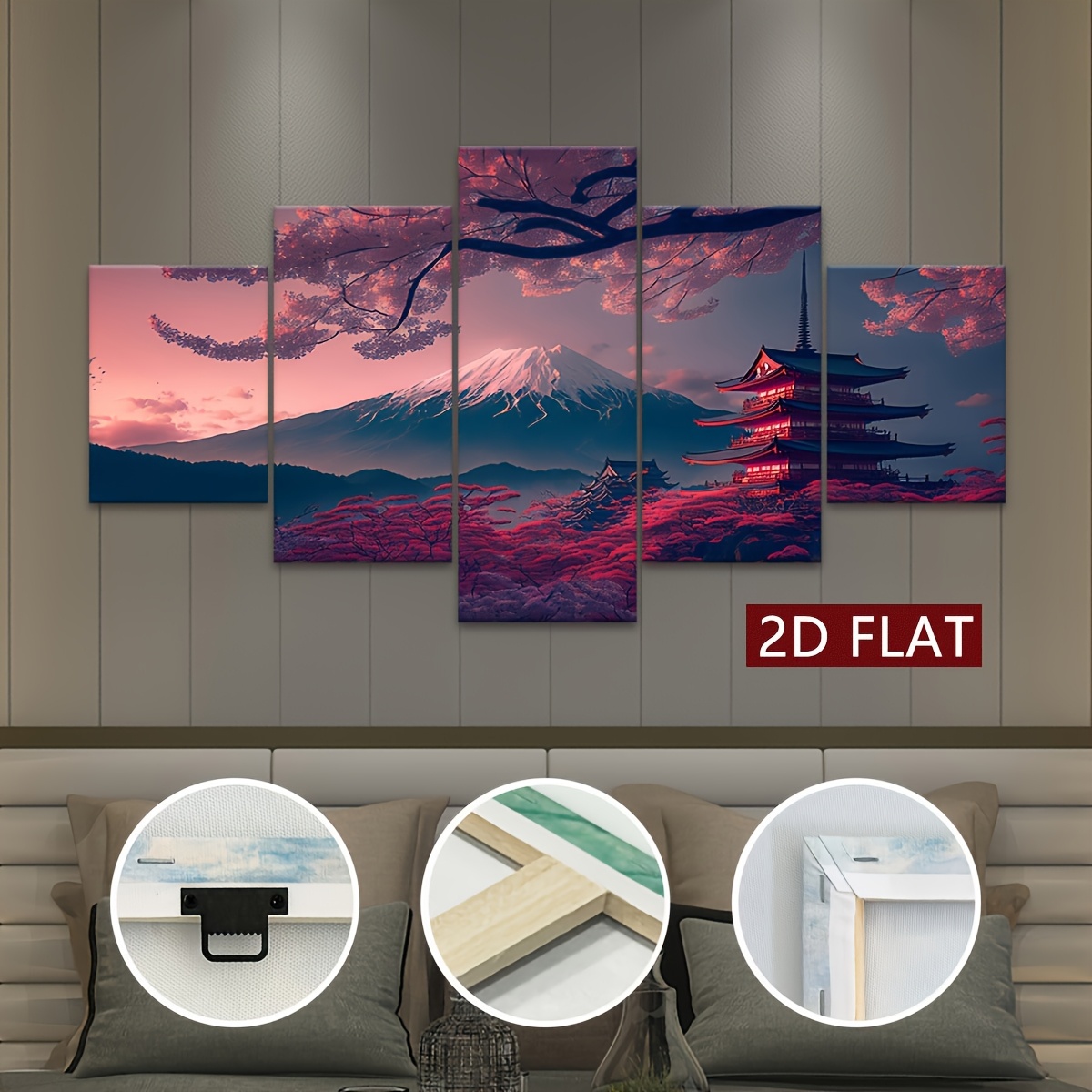 2D Plat 5 stuks Lijst Fuji Sneeuwberg Sakura Boom Canvas Poster
