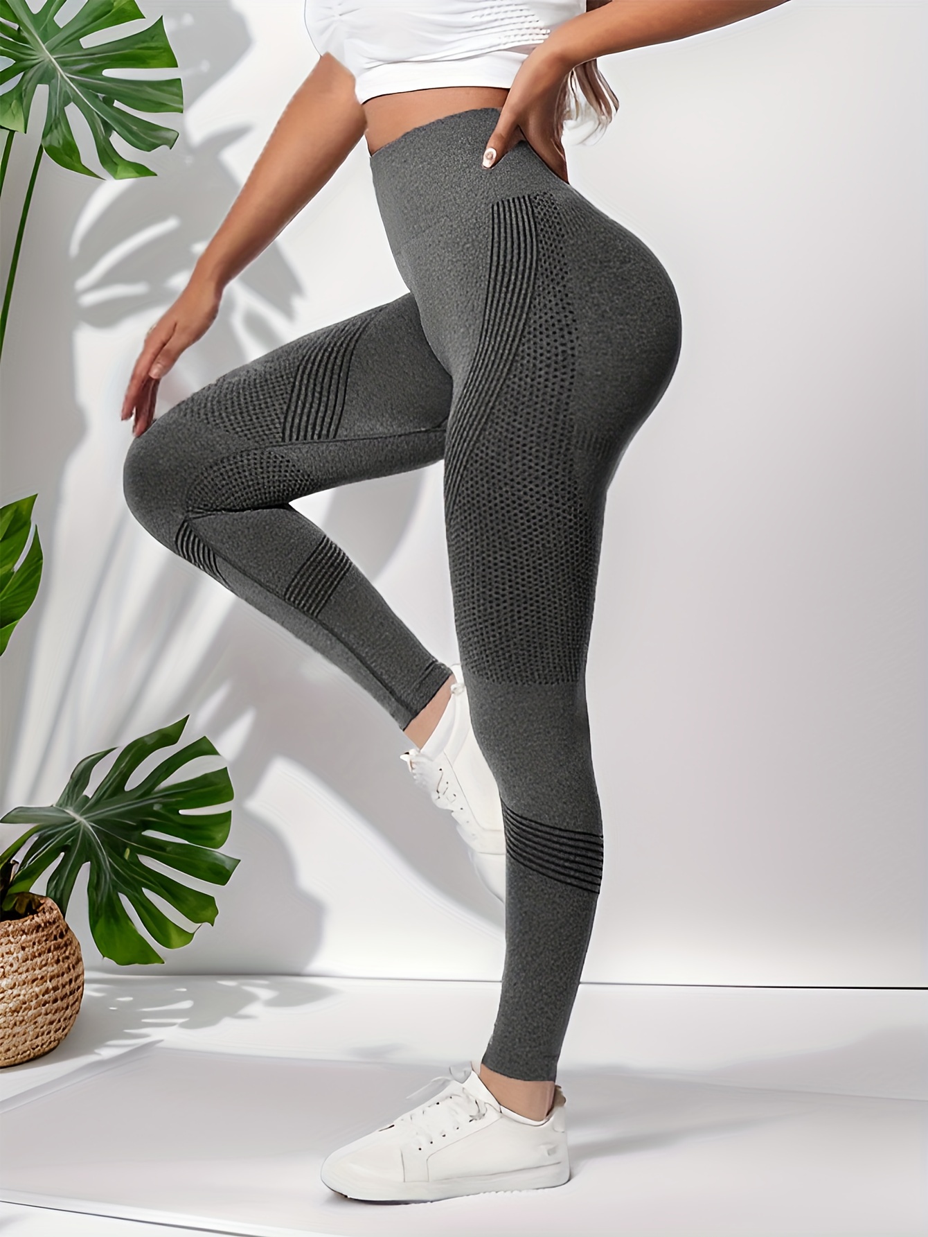 Plus Size Sporty Leggings Women's Plus Solid High Butt - Temu