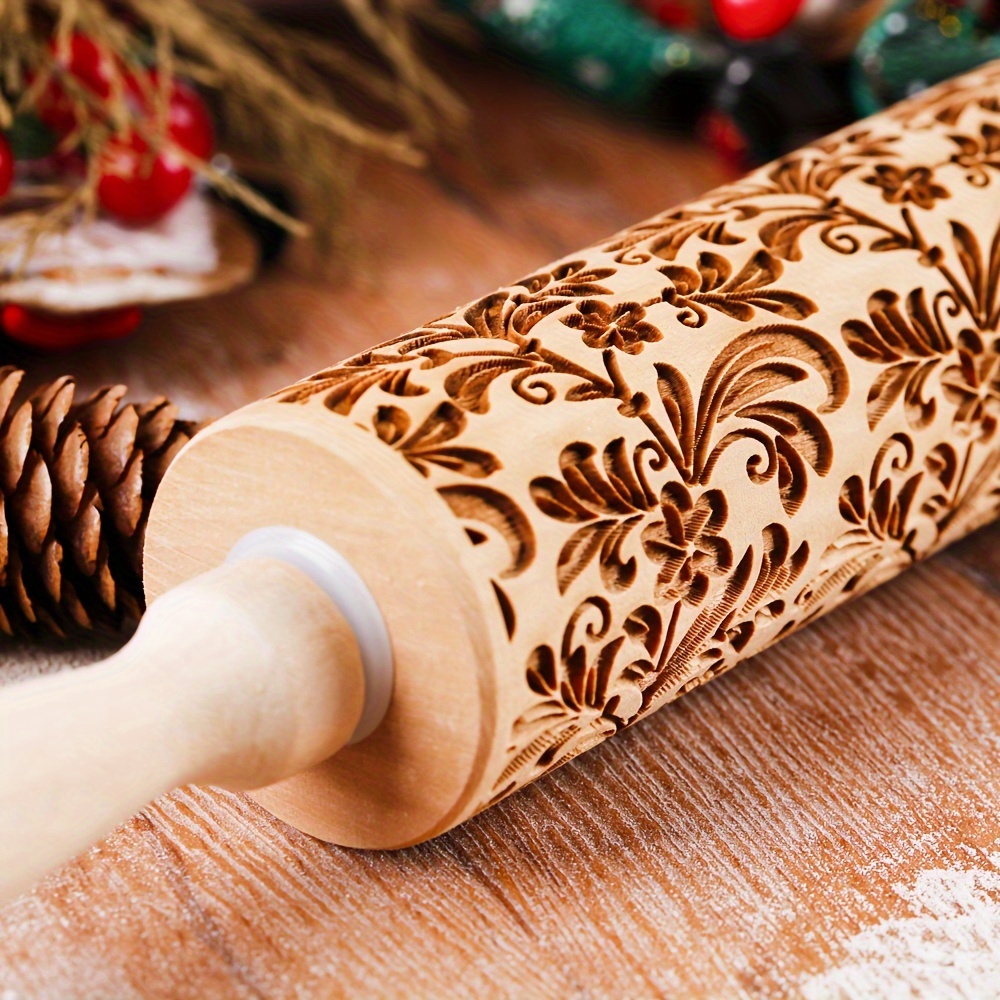 

1pc Wooden Rolling Pin With Floral Pattern For Cookie And Pastry Embossing, Ideal For Christmas, Thanksgiving, Valentine's Day Baking And Pottery Crafts