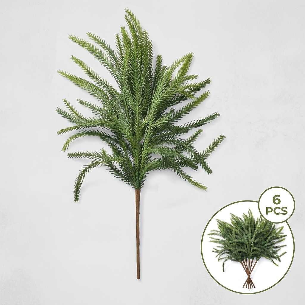 TEMU 6pcs Artificial Norfolk Pine Branches, Fake , Realistic Faux Evergreen Stems For Vase, Christmas Home Table Centerpiece, Seasonal Floral