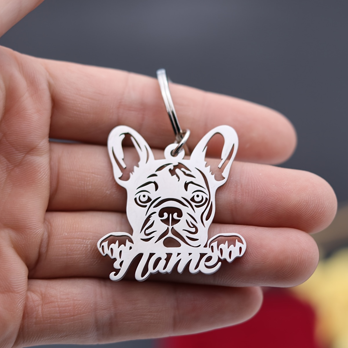 

Porte-clés personnalisé pour bulldog français avec du nom, pendentif en de chien de compagnie , bijoux en acier inoxydable personnalisés, porte-clés pour hommes