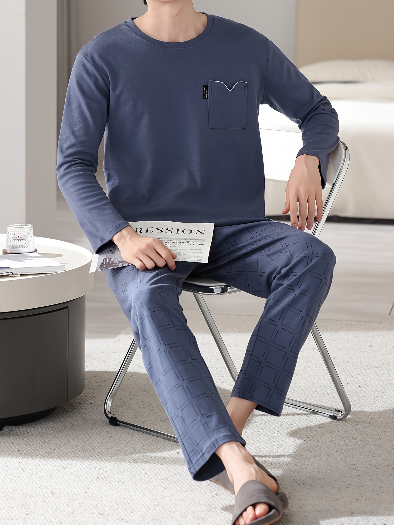 1set Men'S Casual Cotton Pajama Set, Long Sleeve Round Neck Sleepwear with Pockets, Loose Fit Knitted Pullover for Spring/Autumn - Comfortable Thin Cotton Outfit