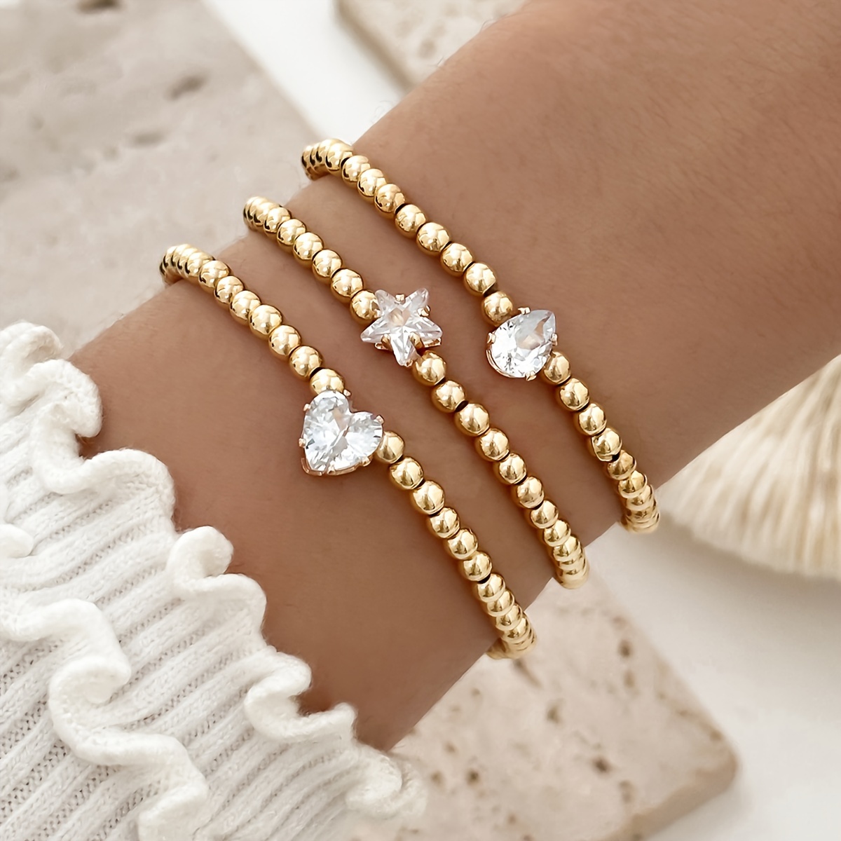 

Golden Beaded Bracelets Inlay With Zircon Heart, Star, And Teardrop Charms, Elegant & Delicate Style Accessory Set Gifts For Eid