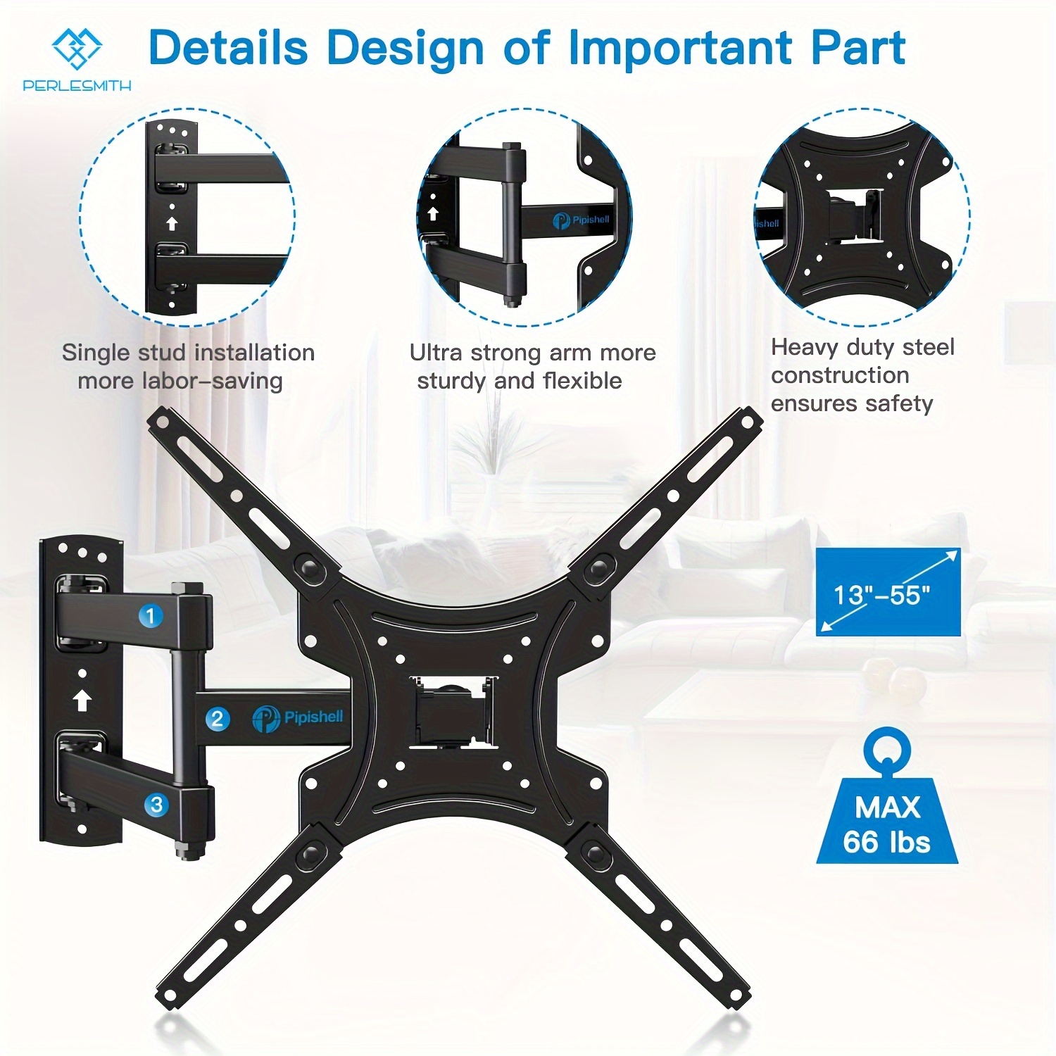 

Sturdy Black 3-arm Tv Mount For 26" To 55" Tvs - Steel, Adjustable Tilt & Swivel, Max 66 Lbs, 400x400mm, Easy Single Stud Installation, Articulating For Viewing