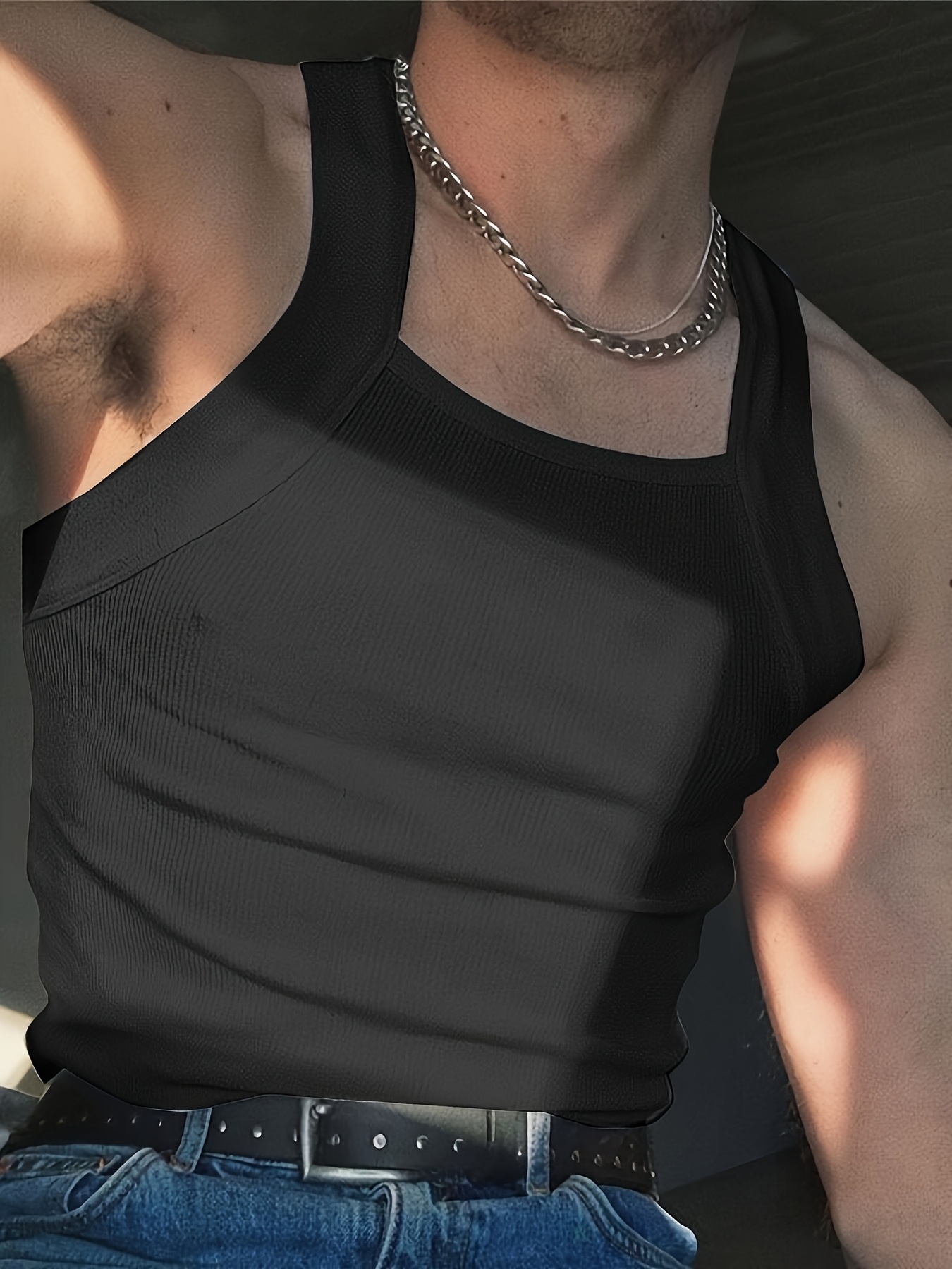 Valentine'S Day Gift, Men'S Casual, Casual Sports Men'S Slim Fit Square Collar Vest - Sleeveless Summer Street Party Top, Breathable Fabric, Machine Washable, Solid Color Casual Top