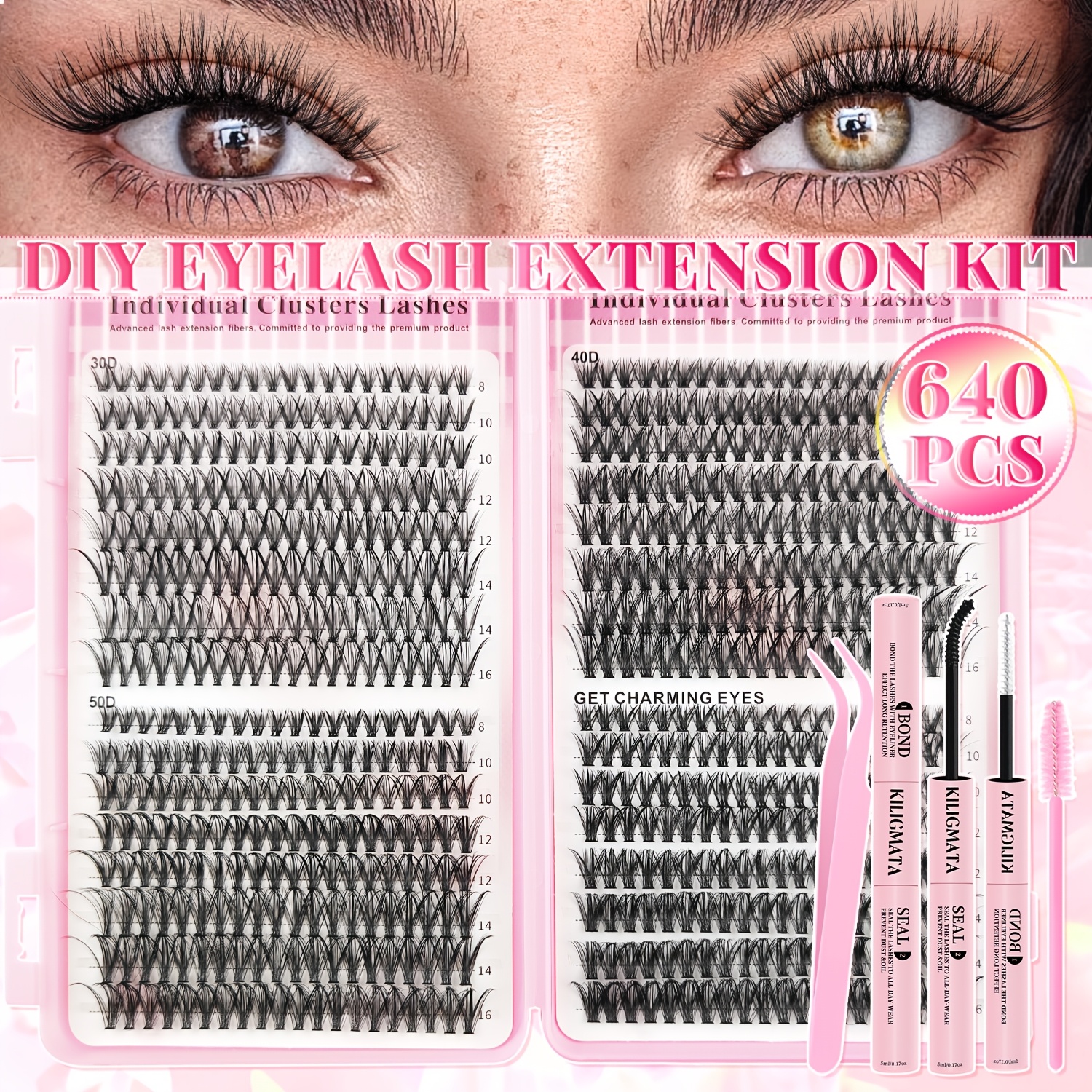 Image of Lash Clusters 30d+ 40d+ 50d 640pcs/ 30d 240pcs Mixed Lengths 8-16mm D With Lash Glue Tweezers Brush No Body Eyelids Are Light And Natural Waterproof And Sweat-proof Maintaining Makeup All Day Long