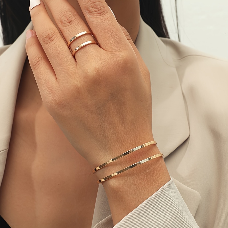 TEMU 2pcs Set Of Exquisite And Minimalist Double-layer Hollow-out Open Bangle And Ring Set, Suitable For Women' And Casual Wear