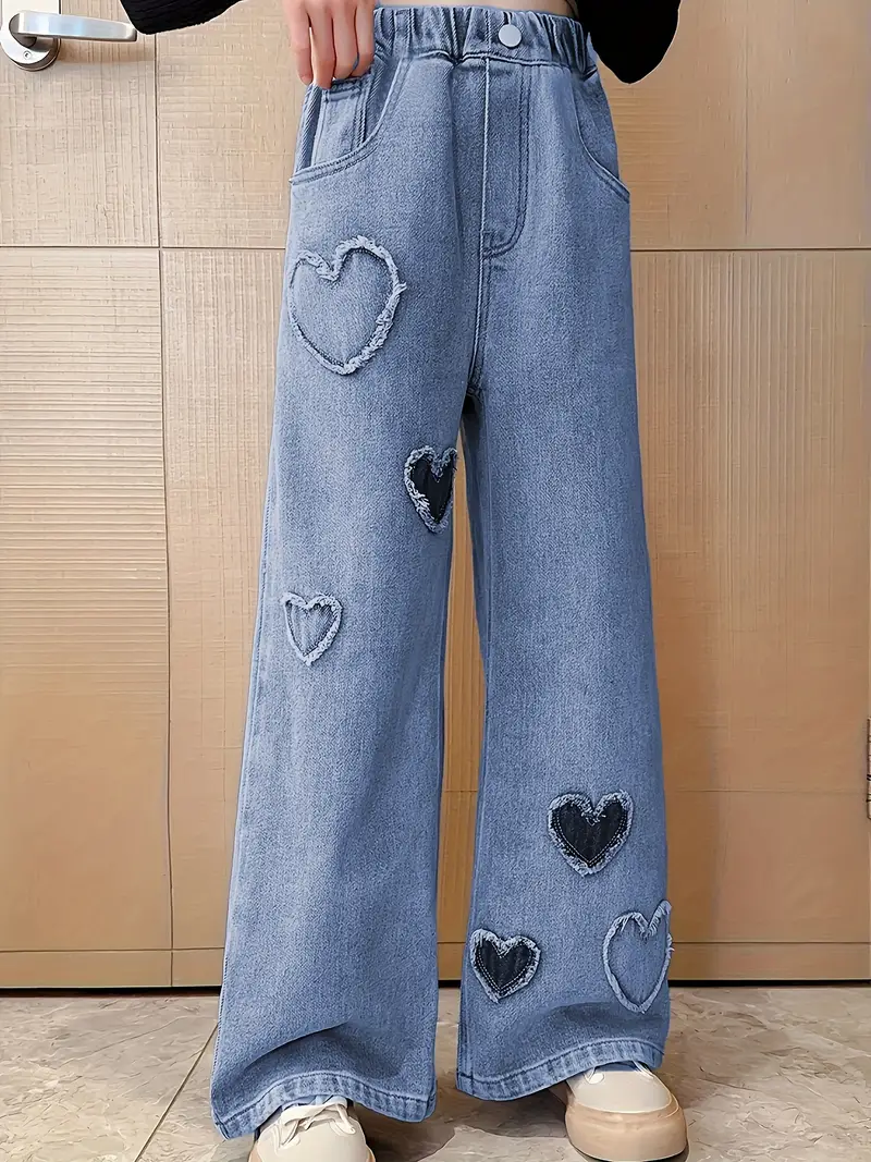 Trendy Girls Heart Patch Baggy Jeans Loose Fit Denim Pants - Temu