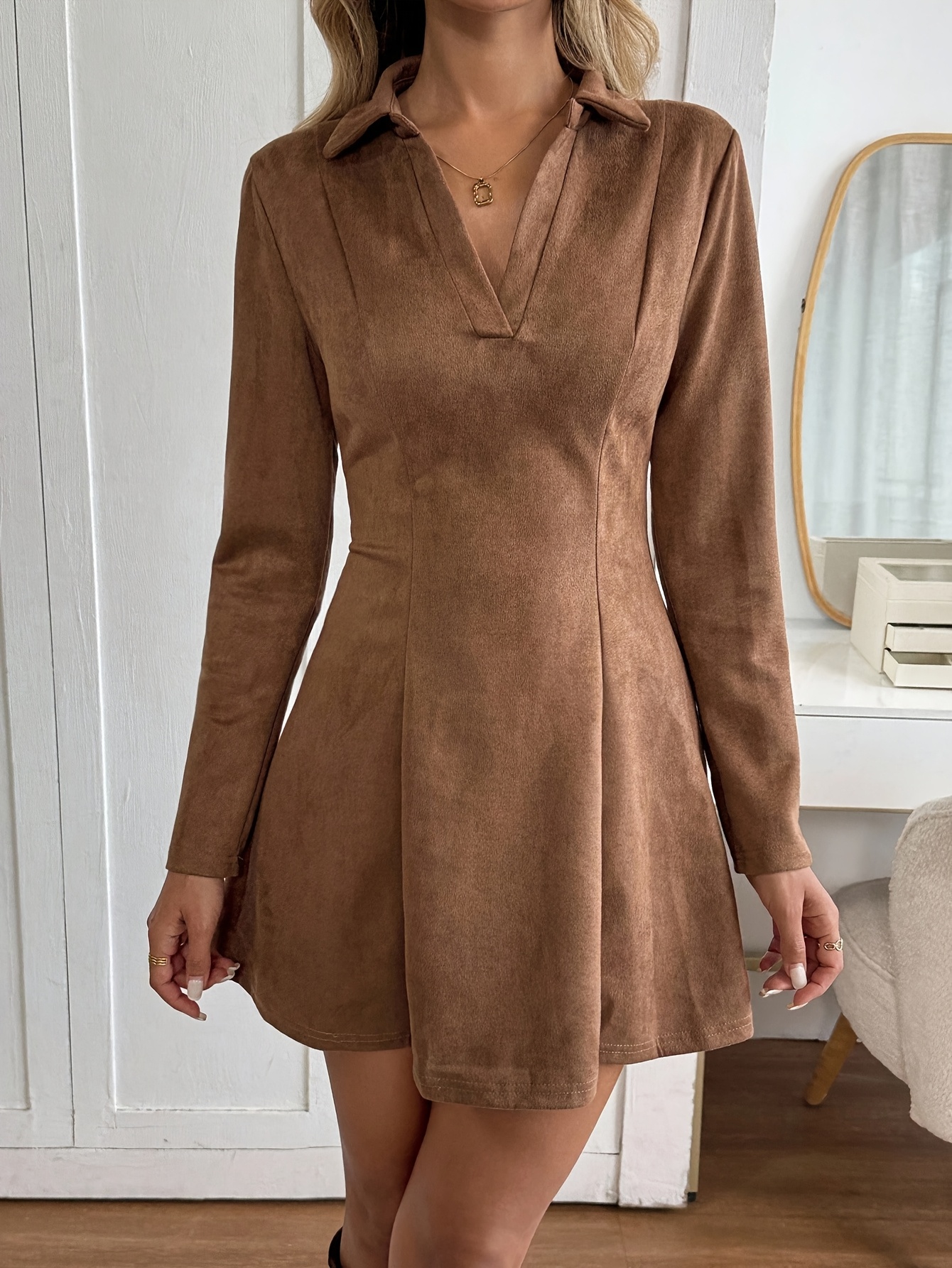 womens a line collar short dress brown a fit - Temu Bahrain