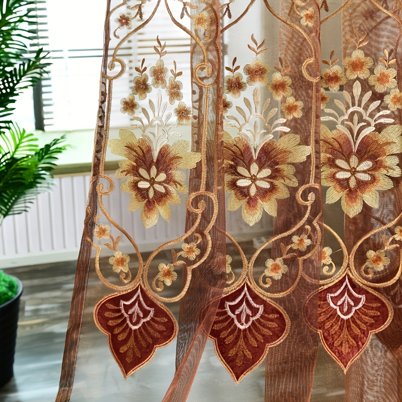 TEMU 1pc Living Room And Dining Room Transparent Embroidered Curtain Sheer - European Shading Sunscreen Embroidered Gauze Curtain - Home Decoration