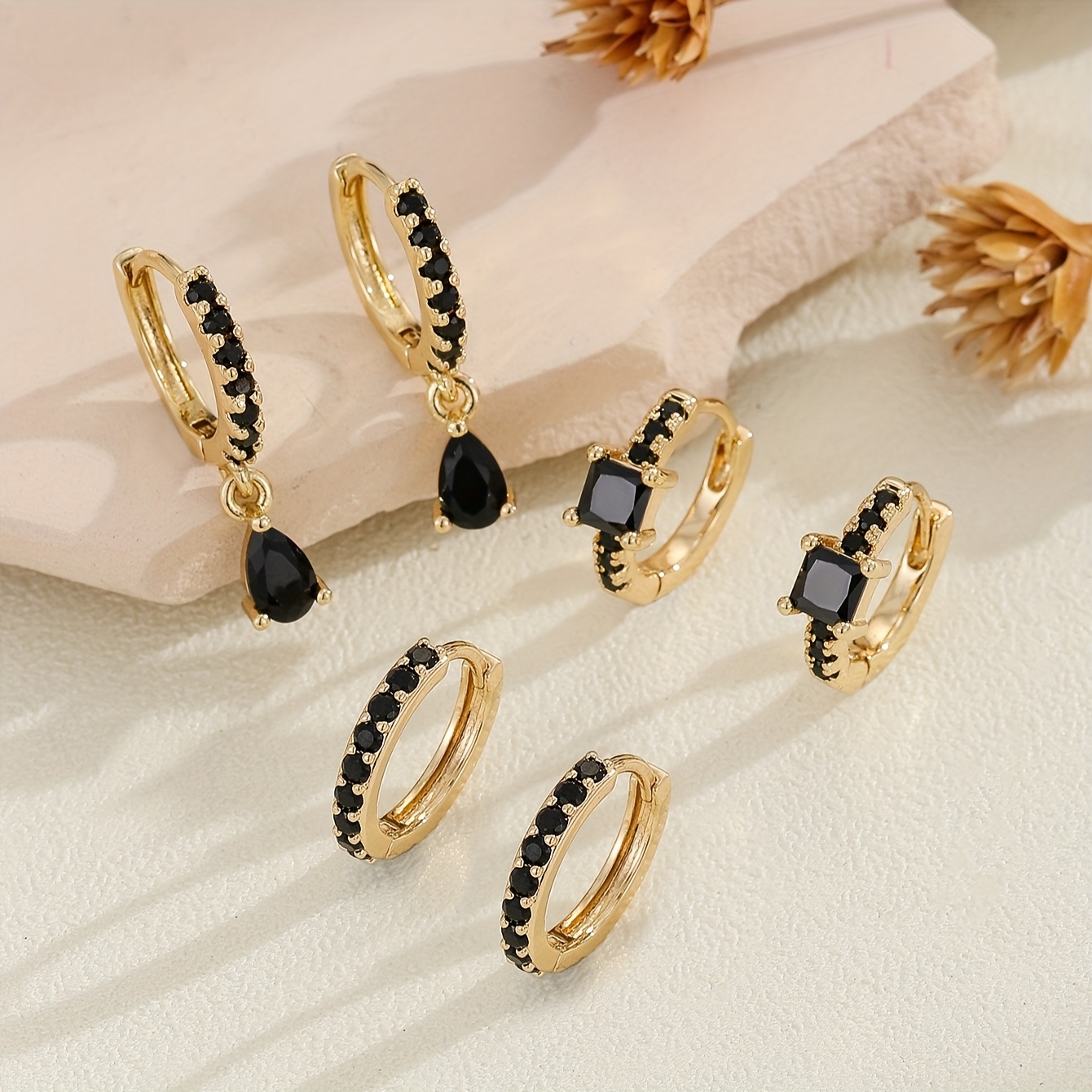 6pcs Black Zirconia Golden Earrings, 18k Golden Plated, Fashionable Women's Jewelry, Suitable For Dinner Occasions, New Year, Christmas, Valentine's Day, Easter Women's Gifts