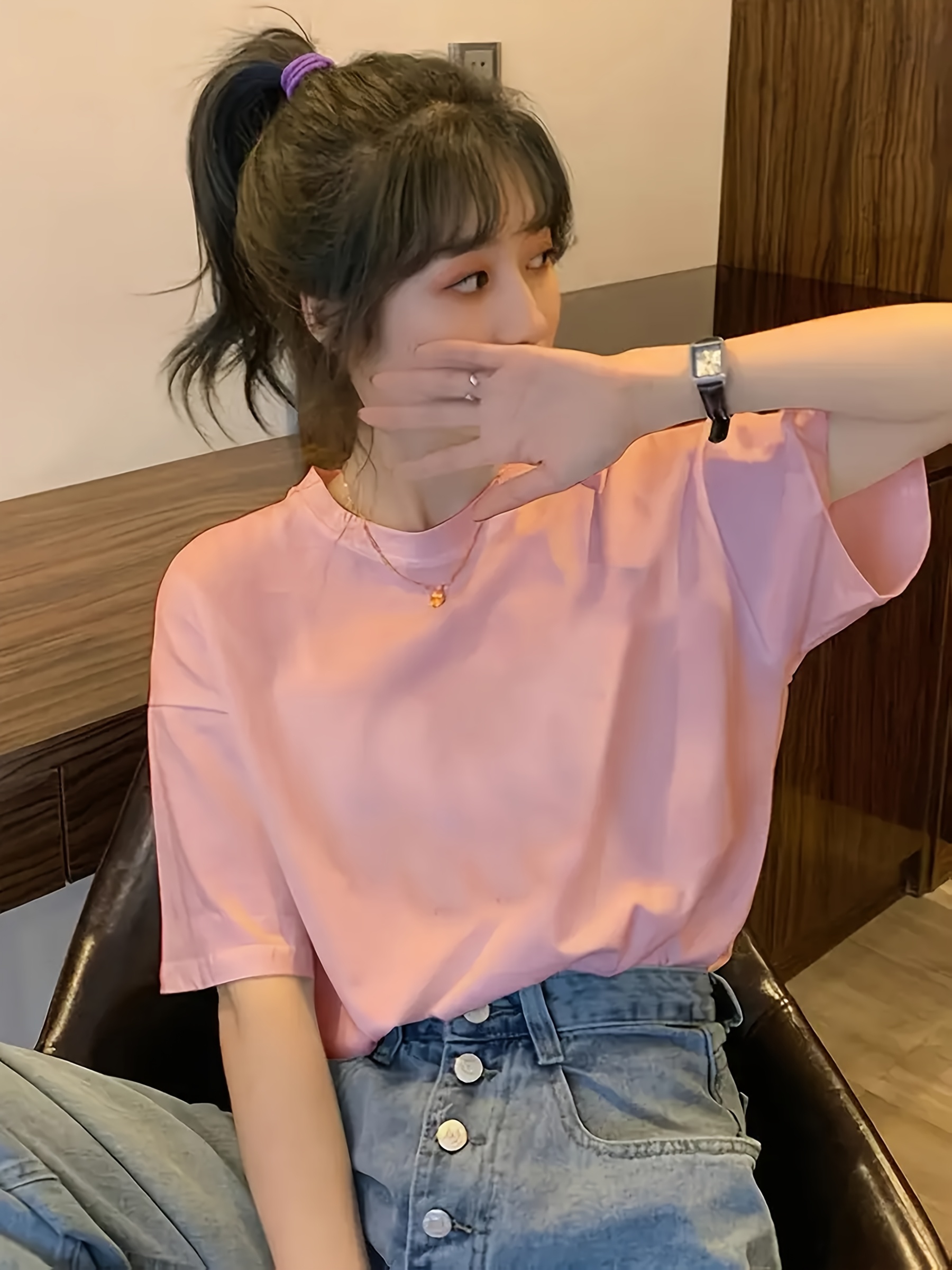 Women's Elegant Short Sleeve T-Shirt Pink Semi-Sheer Blouse, Breathable  Fiber Fabric, Regular Fit for Spring/Summer Casual Formal Wear