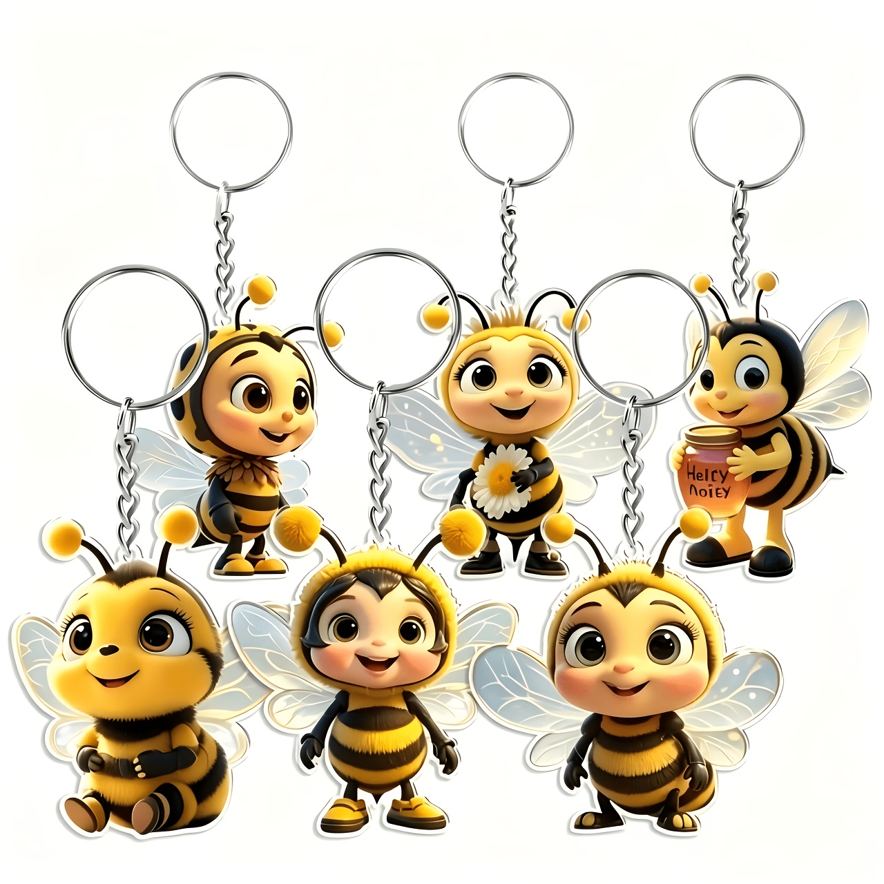 TEMU 2d Flat, [2d Flat] 6pcs 2d Acrylic Bee Keychain Set: Suitable For Car Keys, Backpack And Bag Decoration, Office Partition Decor, Small Gift,