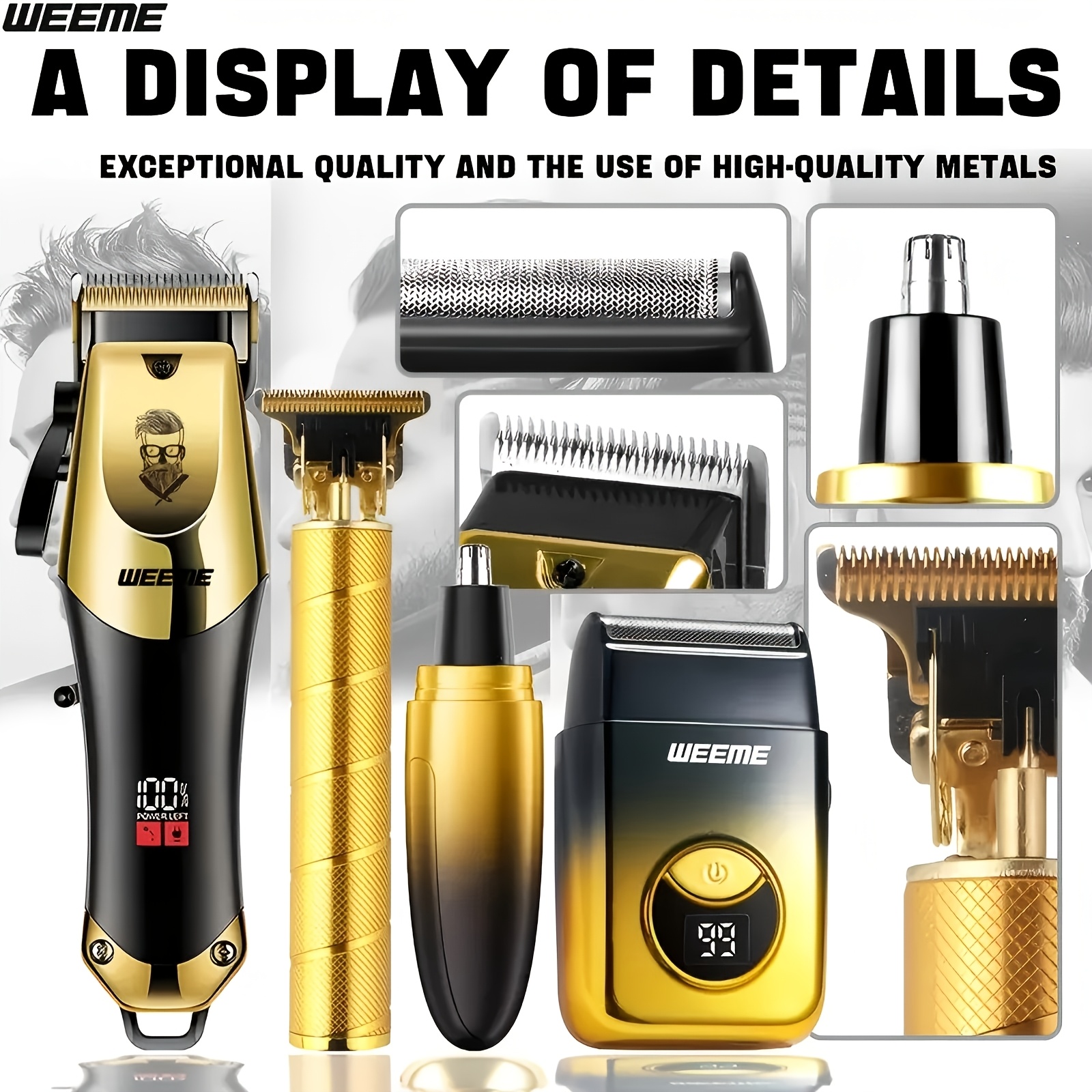 WEEME Heren Blauw/Gouden 4-delige Tondeuse en Trimmer Set