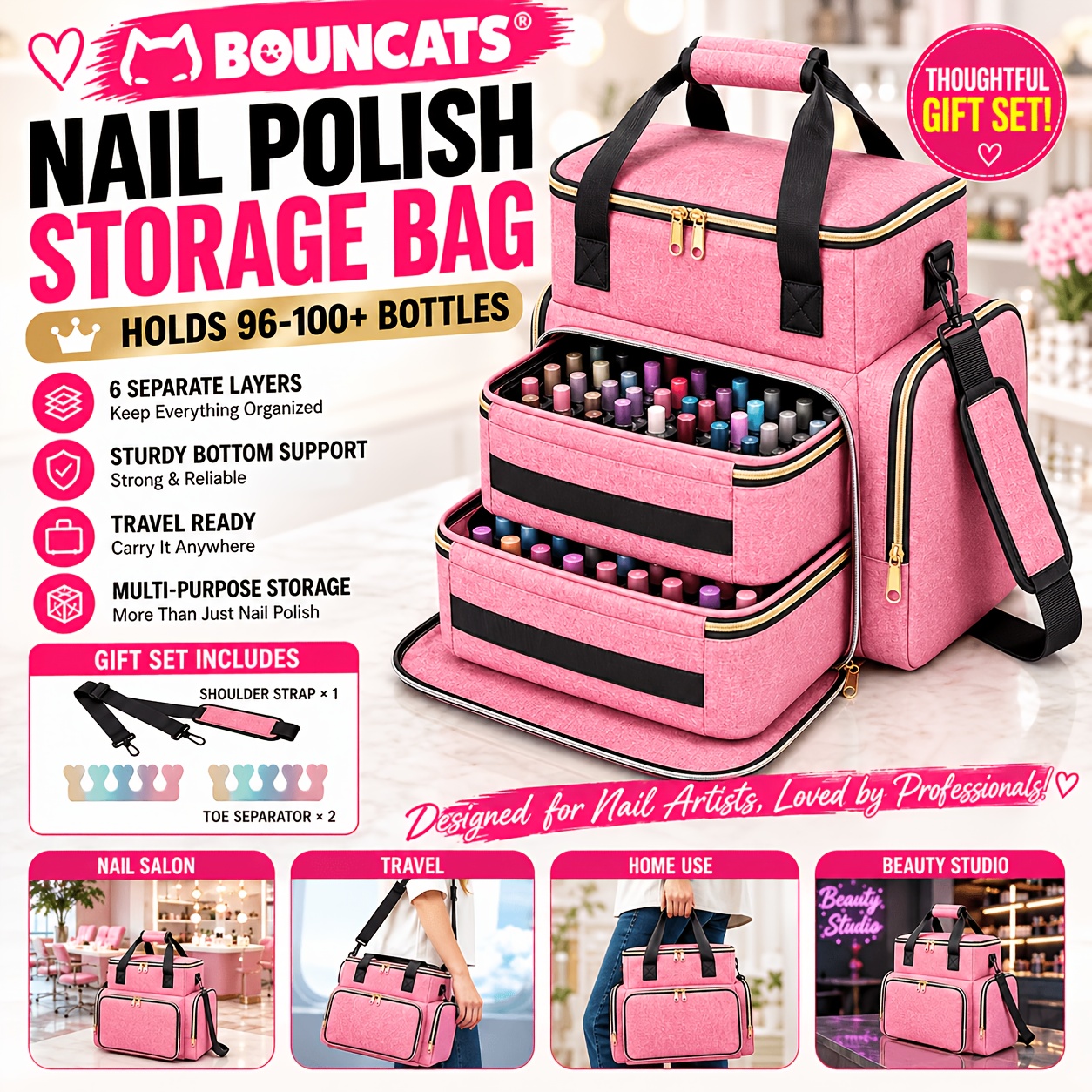 TEMU Extra-large Nail Polish Storage Bag With 6 Separate Compartments, Includes A Free Shoulder Strap. Can Hold 96 To 100+ Nail Polish Bottles.