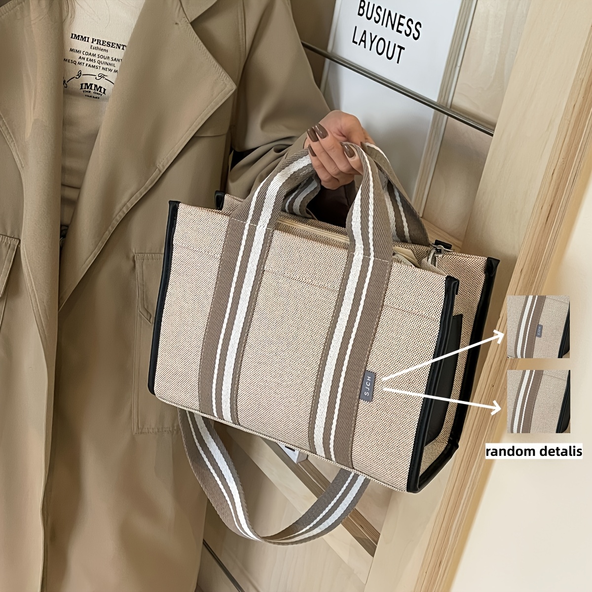 TEMU Chic Large Capacity Tote Bag - Versatile Shoulder & Handbag For Women, Perfect For Work,, And Vacation - Durable Nylon With Zip Closure, Preppy