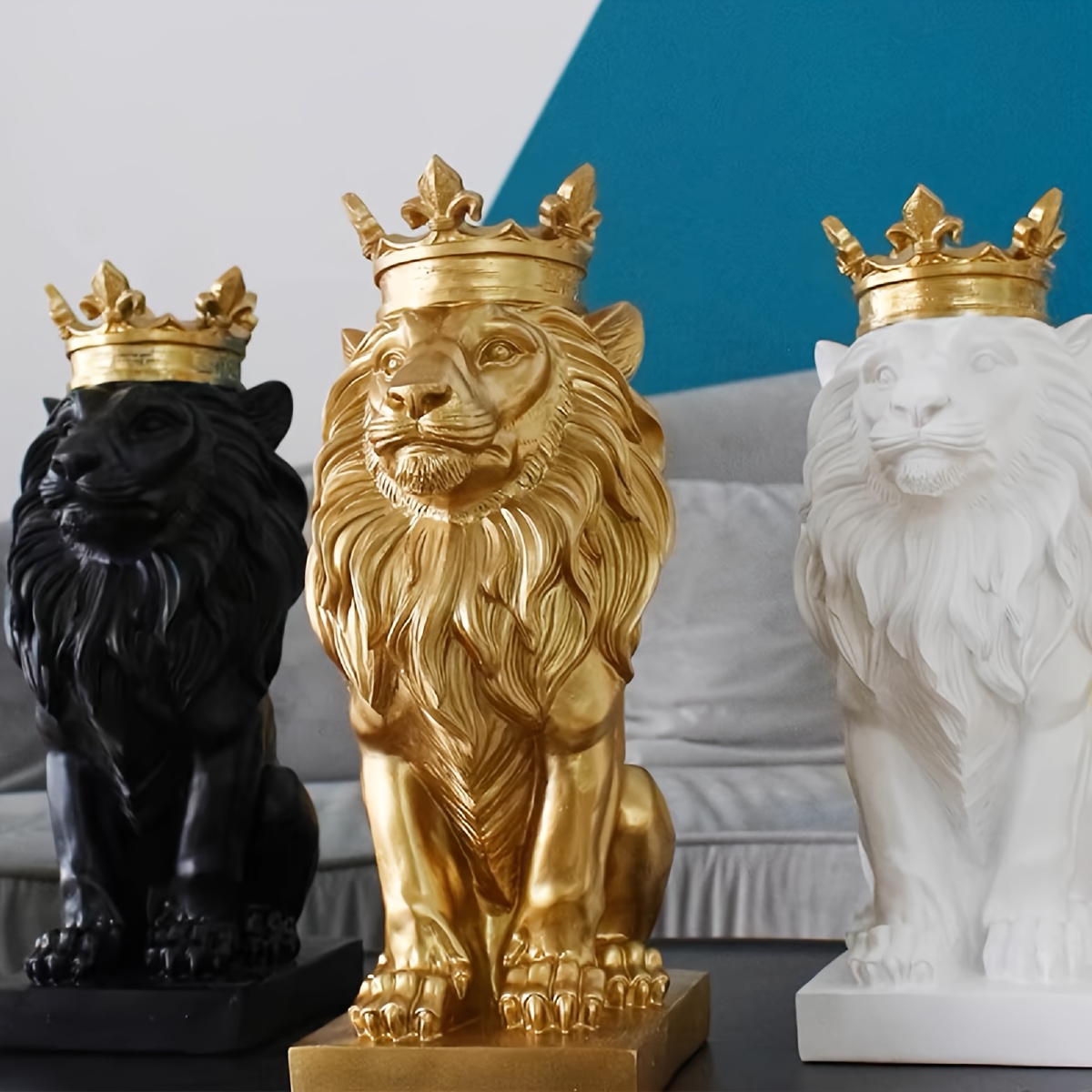置物 クラウン ライオン 3個セット ホワイト ブラック ゴールド 百獣の