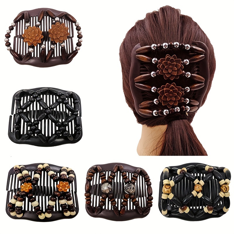

5-piece Set Vintage Magic Hair Combs With Wooden Beads - Double-row Styling & Bun Maker For Women And Girls, Durable Abs Plastic
