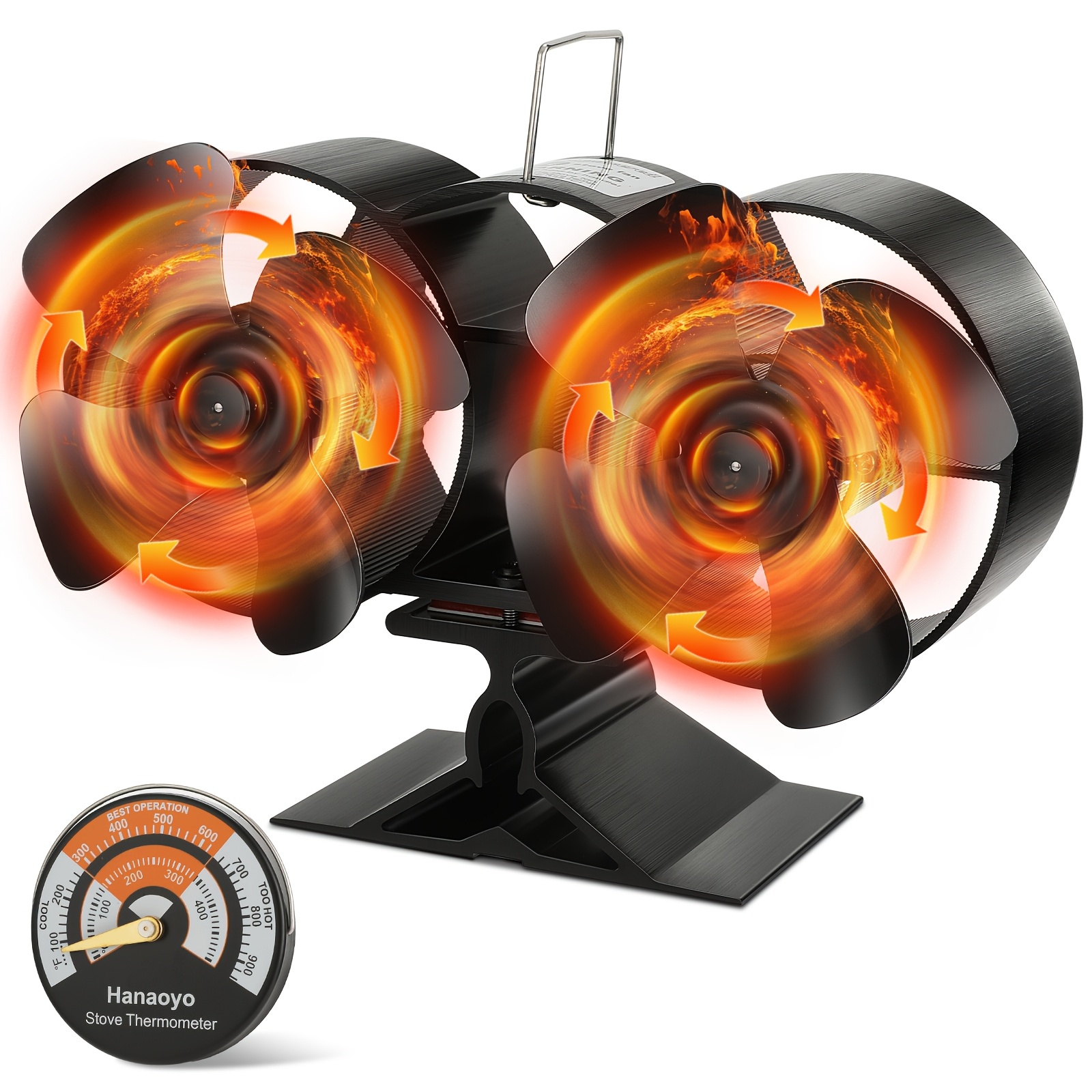 Image of Double-headed Fireplace Fan, Log Burner Fan With Dual Motors, Thermostatic Silent Wood-burning Stove Fan With Stove Thermometer, For Wood/log Burner/wood Stove Fan