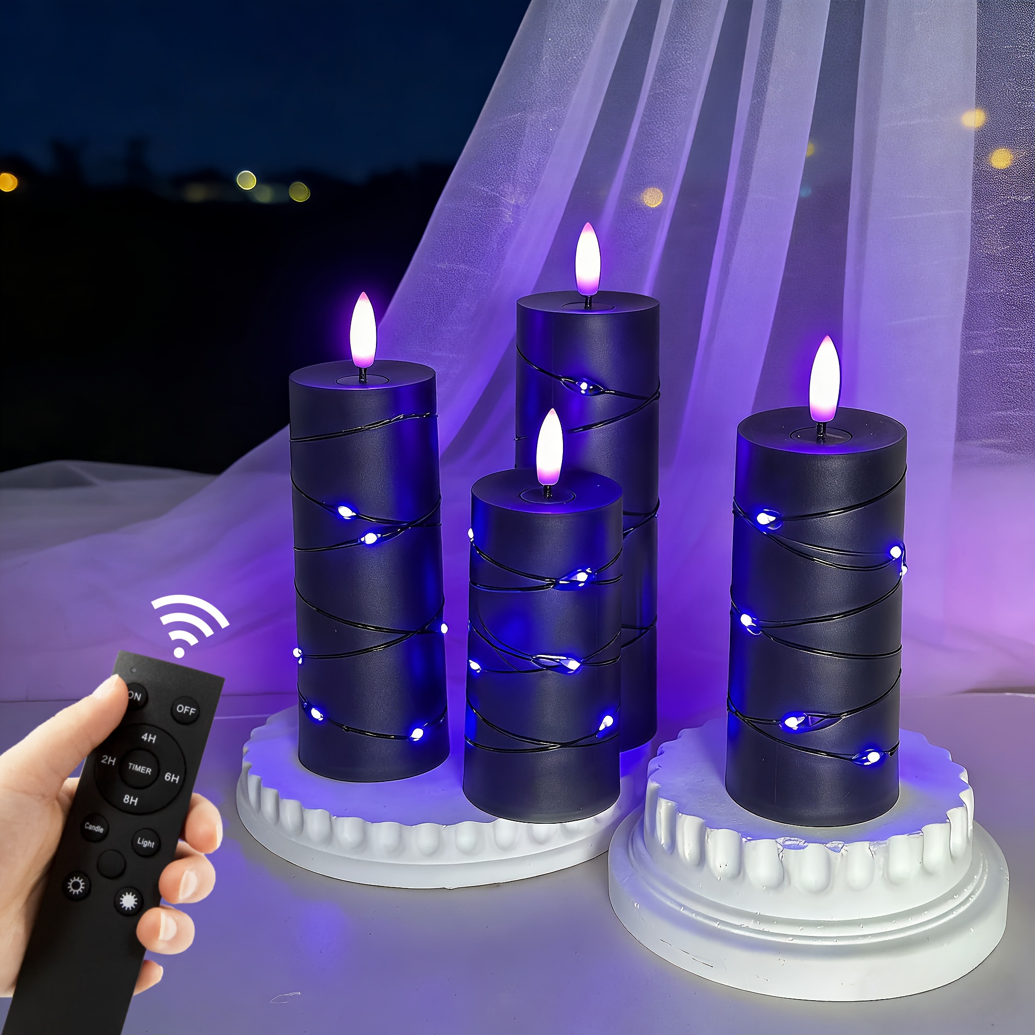TEMU Bougies électroniques flamme à télécommande, bougies LED flamme, guirlande lumineuse extérieure à lumière violette avec télécommande, lot de 4