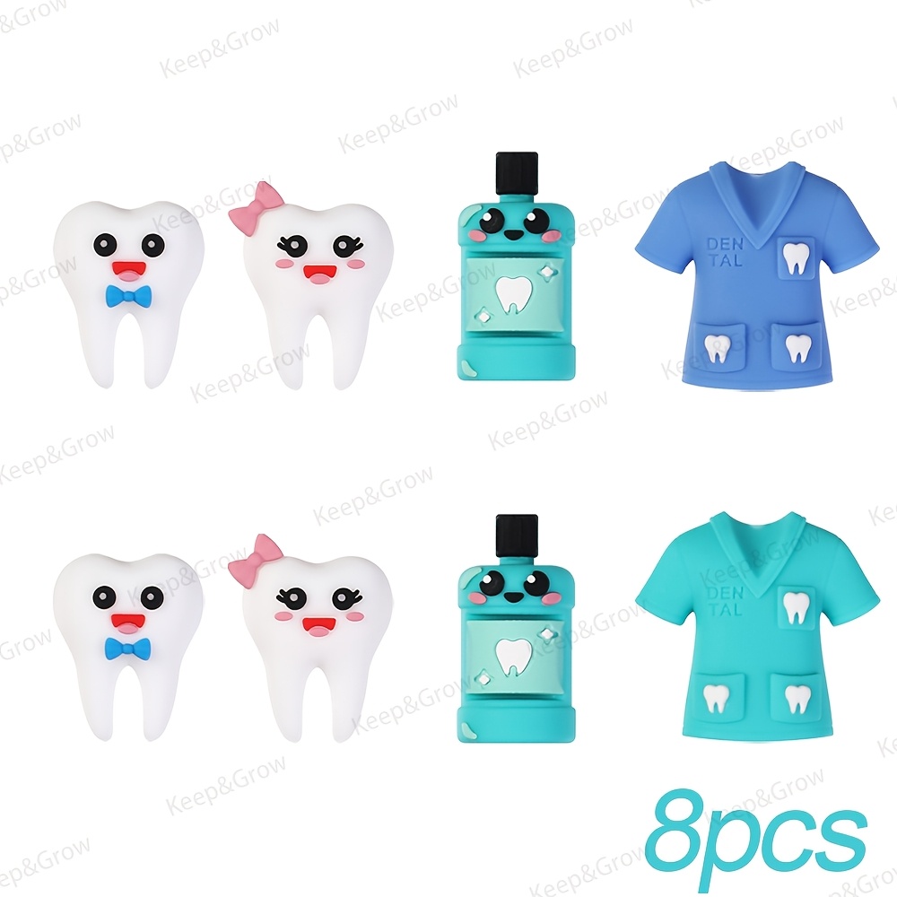 TEMU Set Of 8 Silicone Beads Featuring A 3d Dentist Theme, Shaped Like Teeth, Ideal For Clothing, , And Decorative Projects