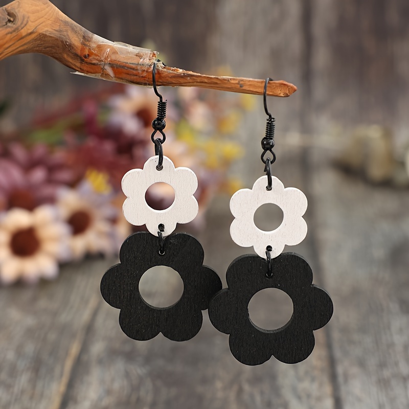 Image of 1 Pair New Hollow Carved Black And White Wooden Flower Long Double Flower Vintage Grand Women's Earrings