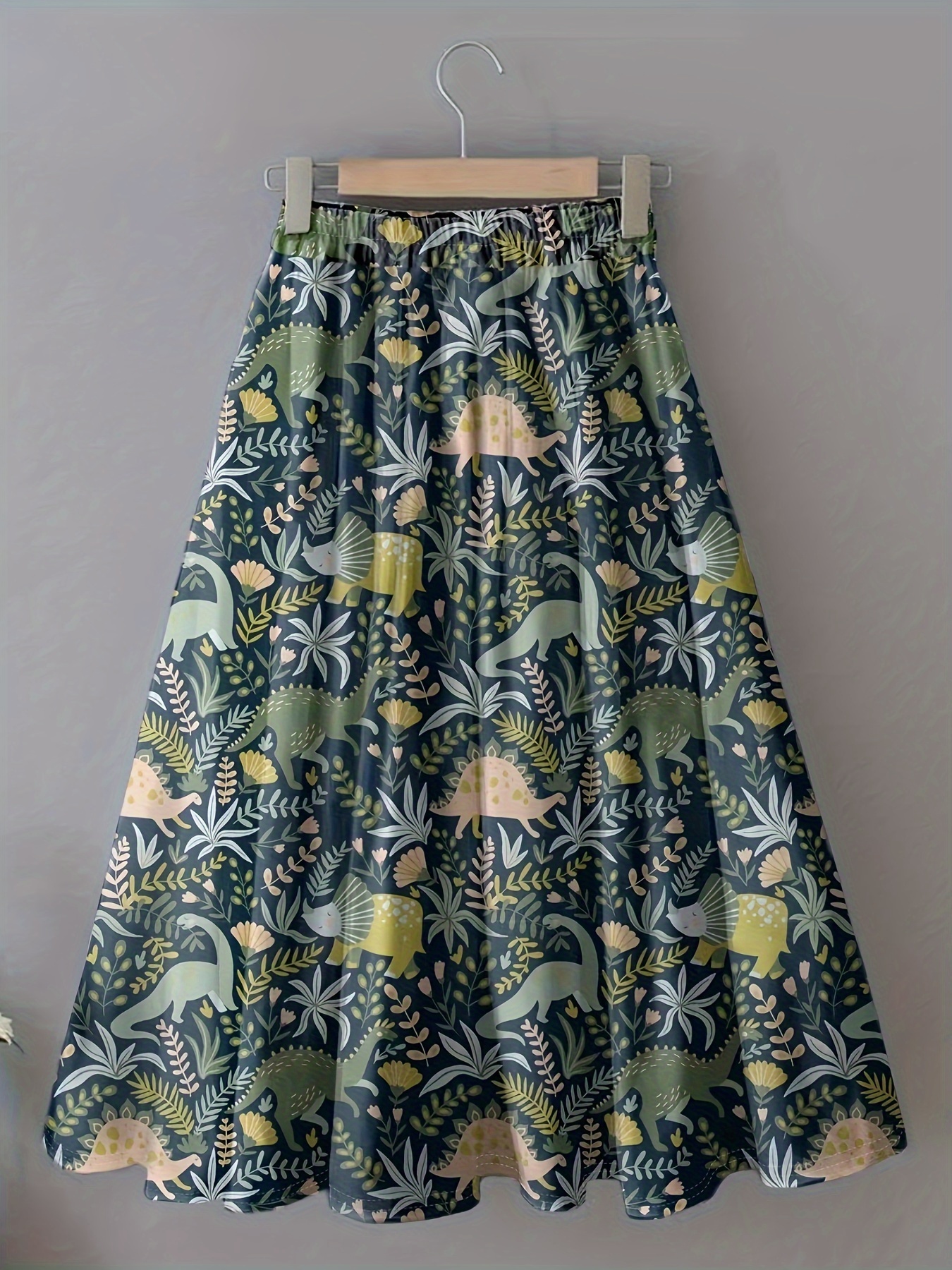 Dinosaur & Plant Print Pleated Skirt Casual Elastic Waist Midi Skirt For Spring & Summer Women's Clothing