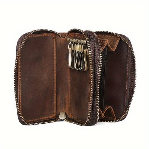 mens vintage genuine top layer cowhide leather multi function key case casual short wallet with zipper coin purse and card holder for daily