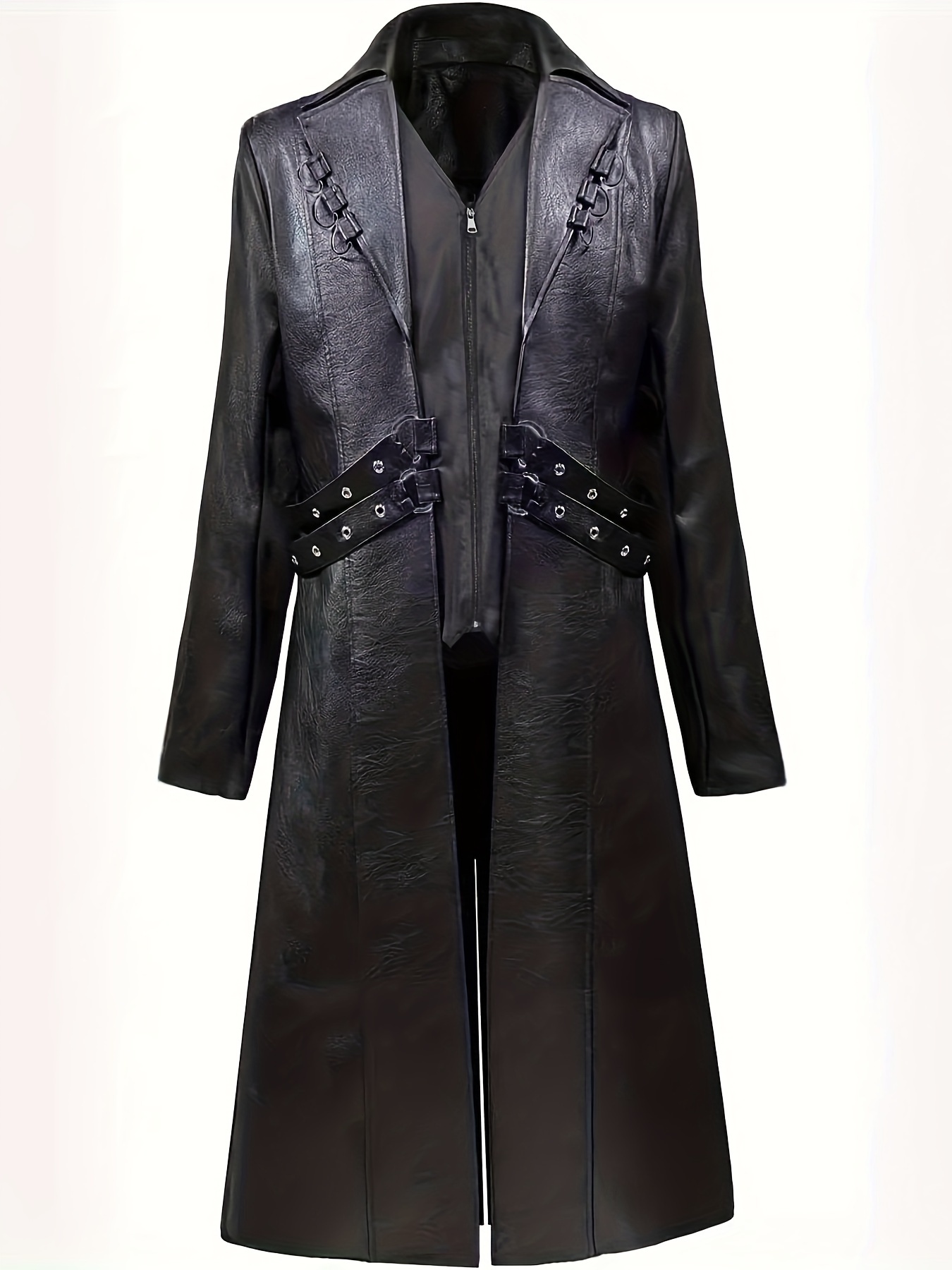 mens   length steampunk gothic pu leather trench coat black pu leather jacket with details zipper closure   straps for halloween parties night out autumn winter wear medieval aesthetic polyester interior
