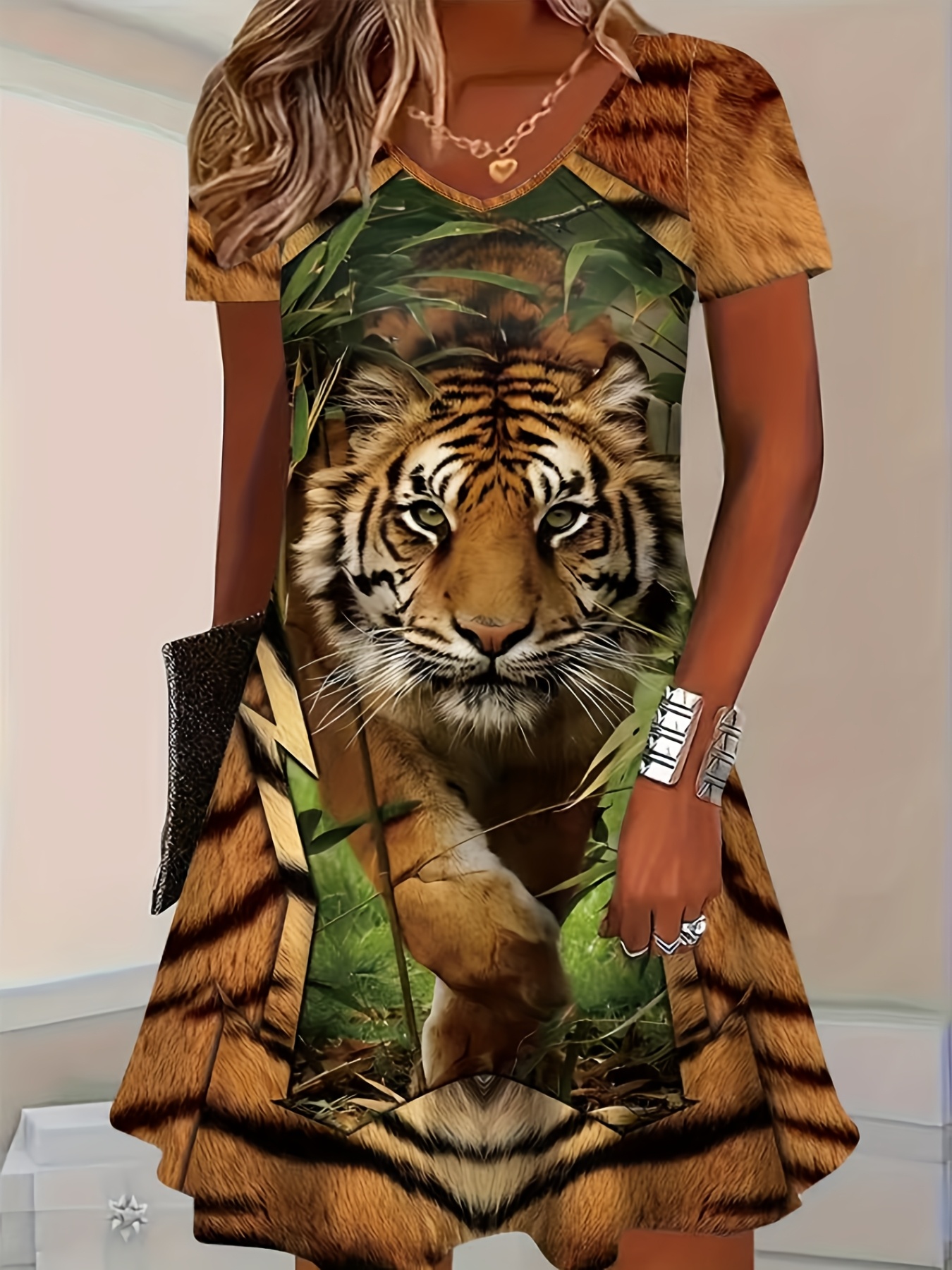 plus size womens v neck tiger print dress pockets short Temu