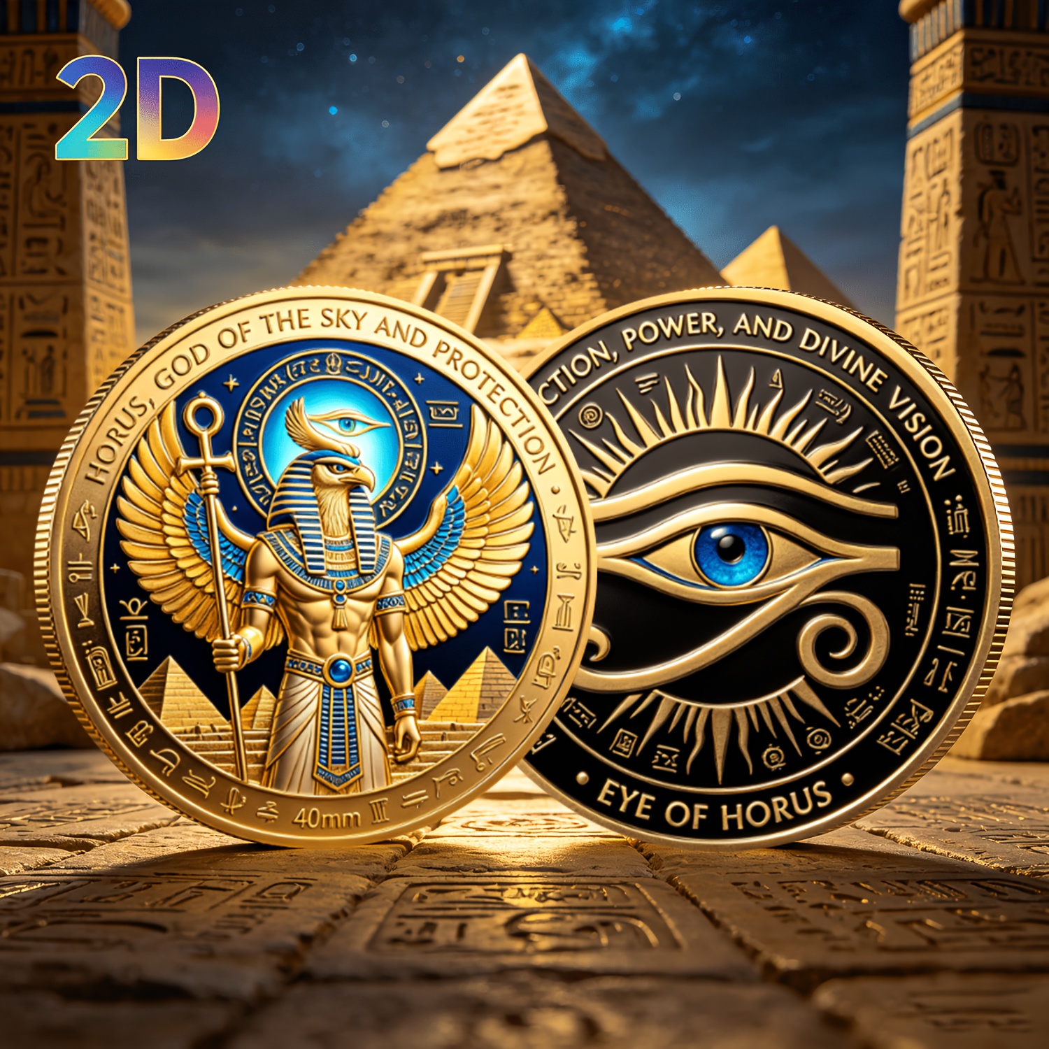 TEMU 1pc, Ancient Egyptian Horus God 2d Metal Commemorative Coin - Double-sided God And Blue Eye Of Horus Pattern - Ancient Egyptian Hieroglyphs