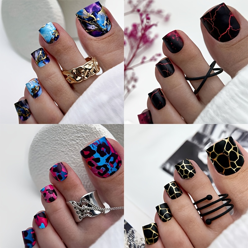 TEMU 4-pack 96pcs Spring/summer Nails, Matte Fake Nails For Fingers And Toes, Marble And Grid Patterns, Reusable Artificial Nails Suitable For Daily