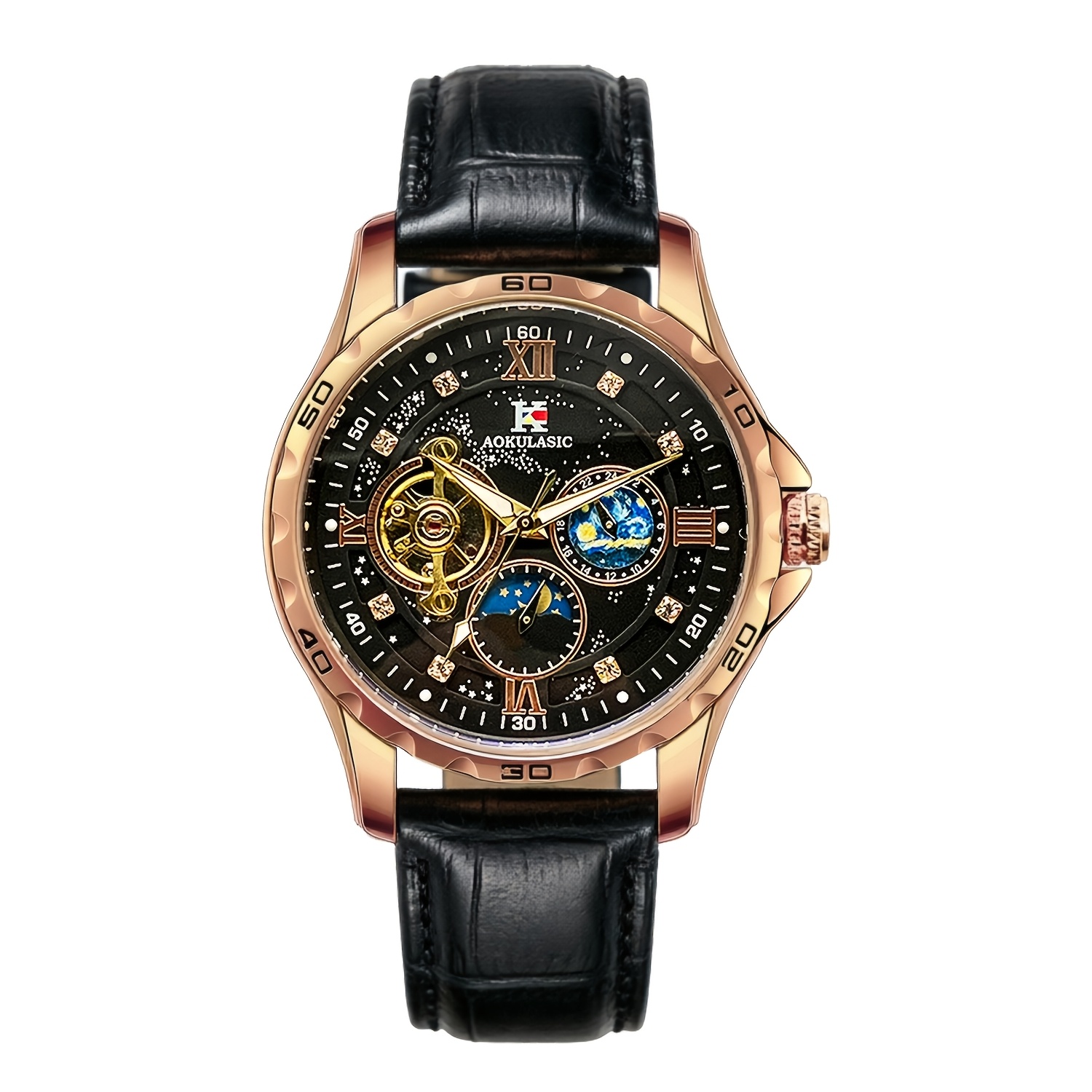 Image of Luxury Men' Mechanical Watch - Elegant Black Dial With Golden-tone Hands & Roman , Design, Perfect Gift For Him, Business Watch | Roman Watch | Intricate Mechanical
