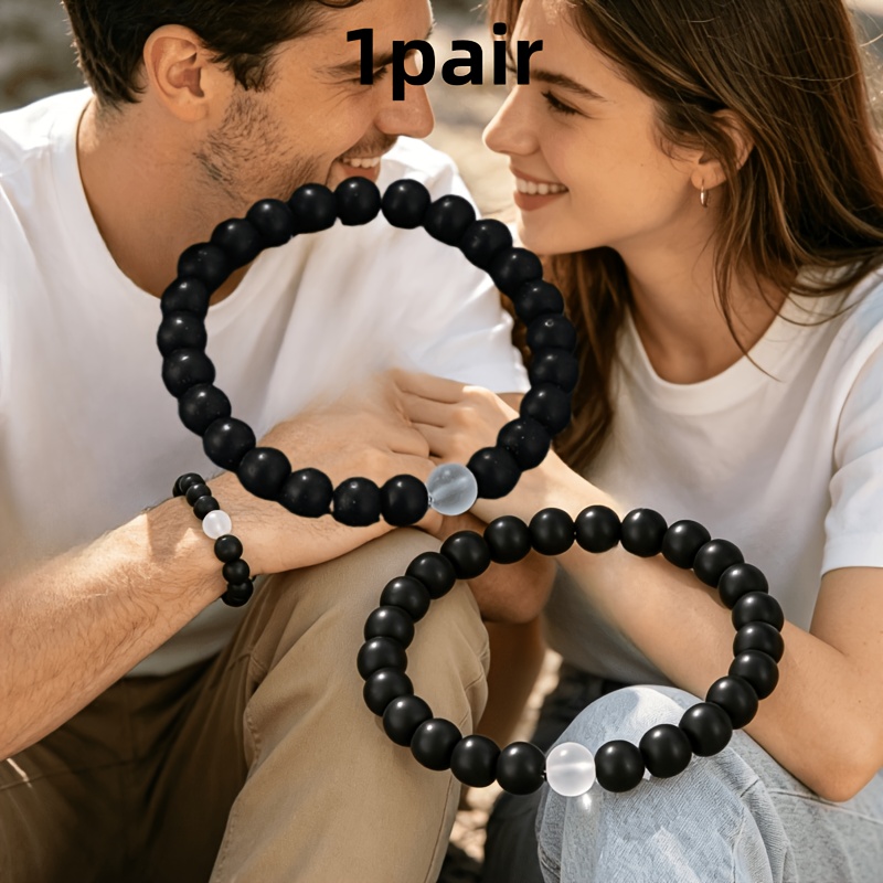 TEMU Random Style 2pcs Beaded Bracelet, Boyfriend Gift Dating Gift Black And White And Pink Round Bead Bracelet