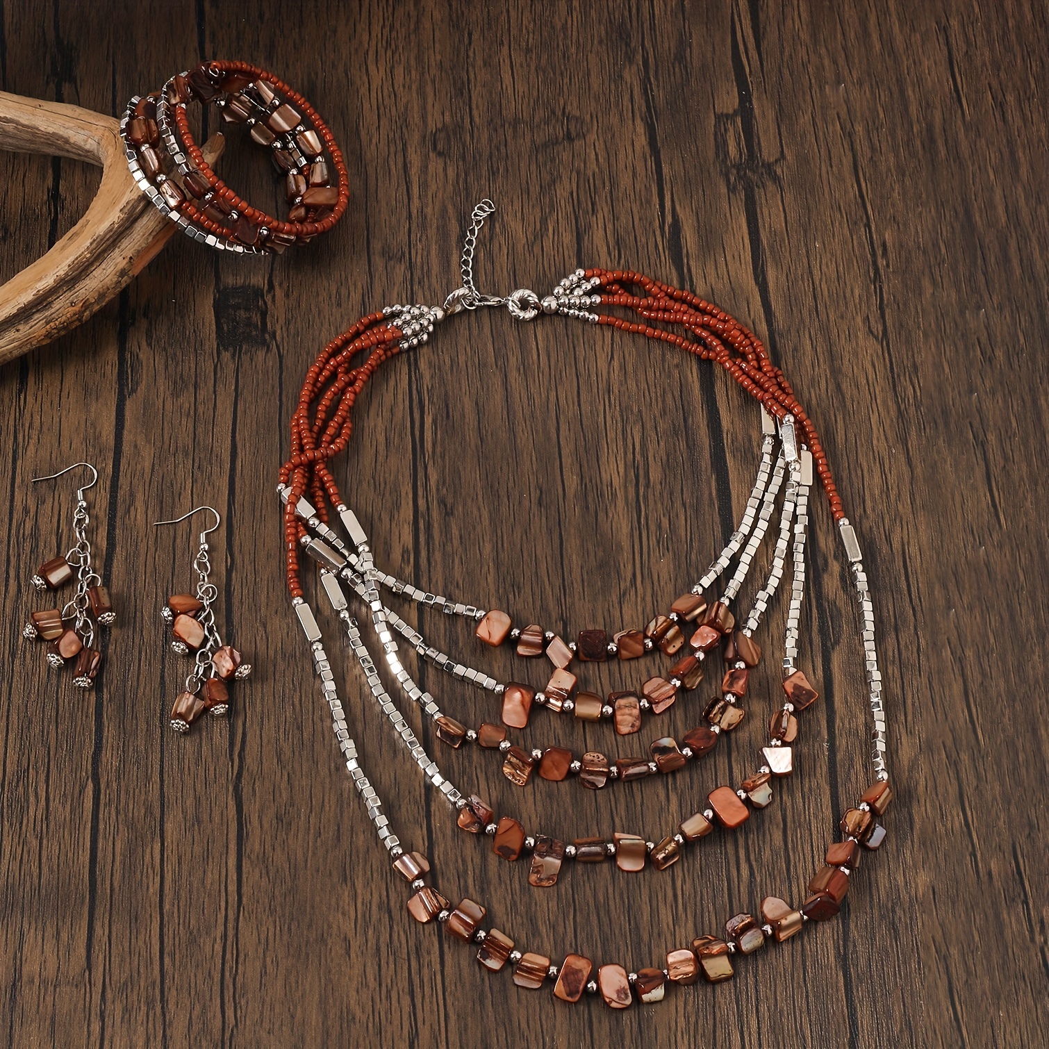 

3pcs Brown Bohemian Vintage Handcrafted Jewelry Set -shell Necklace, Earrings & Stretch Stacking Multilayers Bracelet- Bohemian Charm Jewelry For A Statement Look