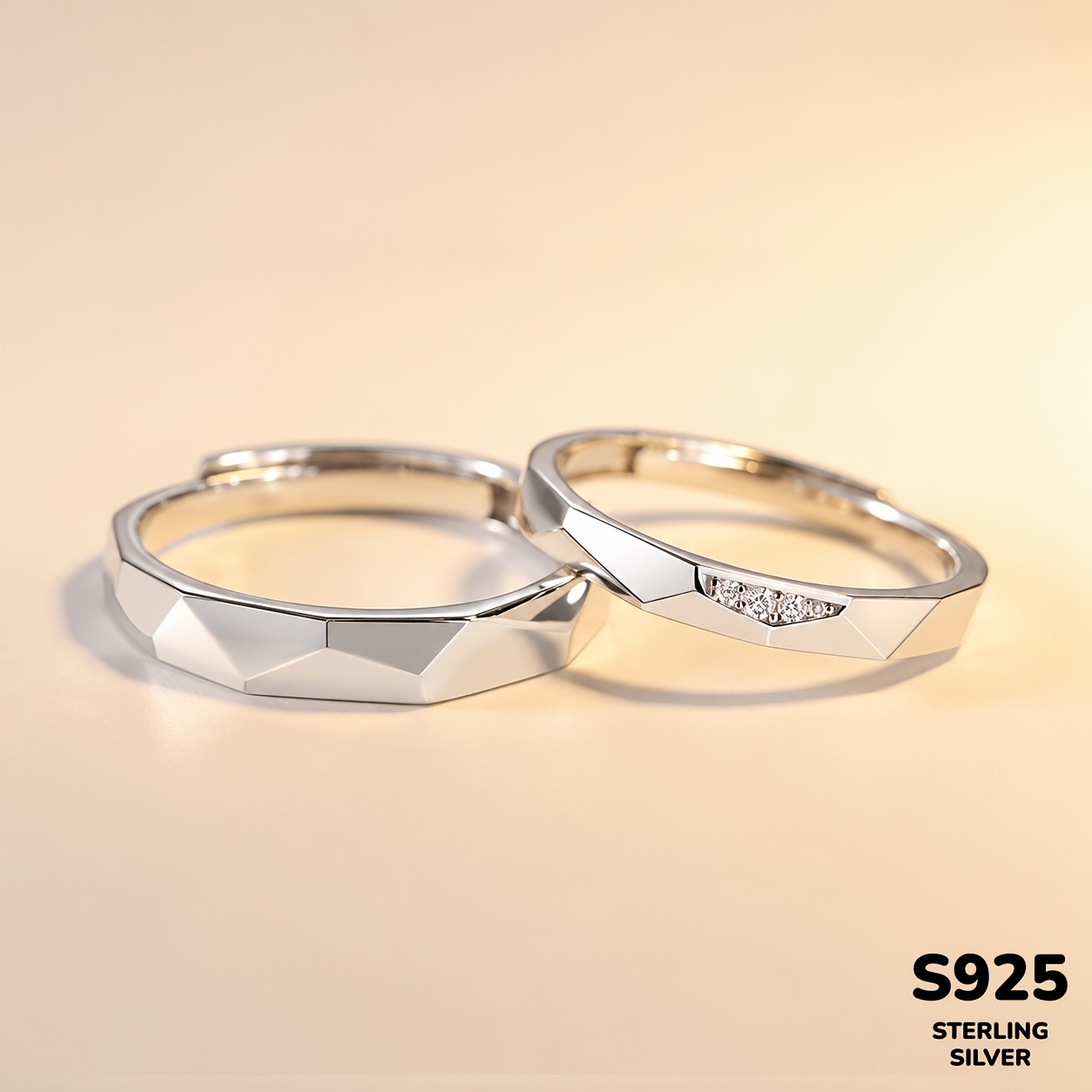 Image of 1 Pair S925 925 Geometric Square Micro-inlaid Synthetic Synthetic Synthetic Zircon​​ Rings For Men Women Open Adjustable Ring High Quality Luxurious Dinner Party Wear