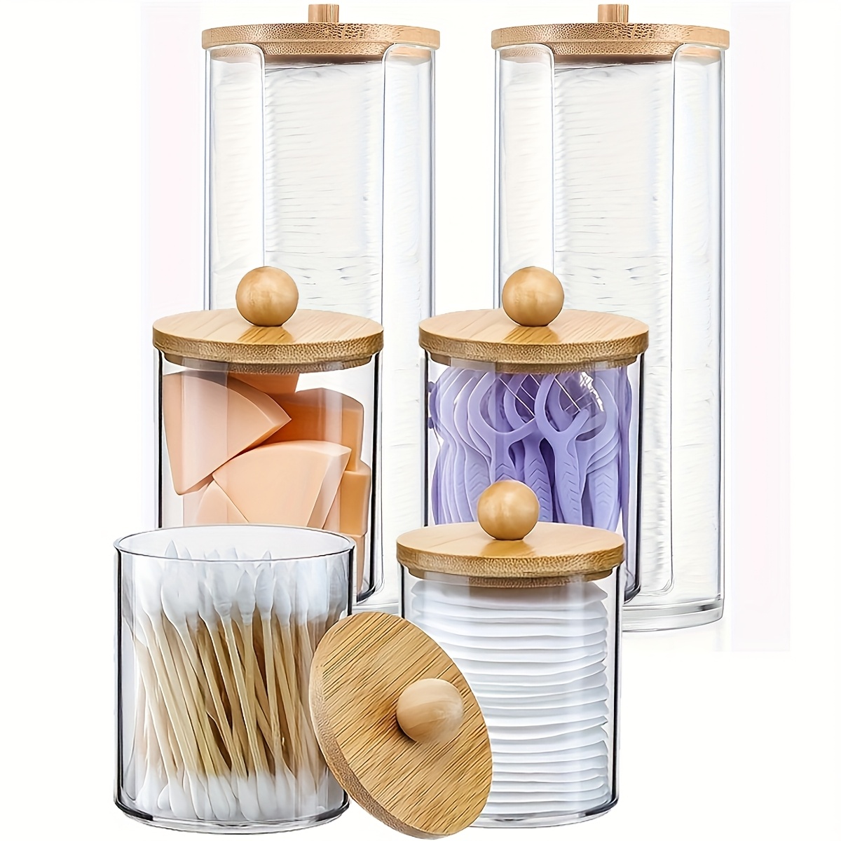 

6pcs (4 Short Storage Jars + 2 Tall Boxes) Cosmetic Display Case Set, Valentine's Day Gift For Girlfriend, Swab Holder Dispenser, Bathroom Accessory Decorative, Dresser Makeup Organizer