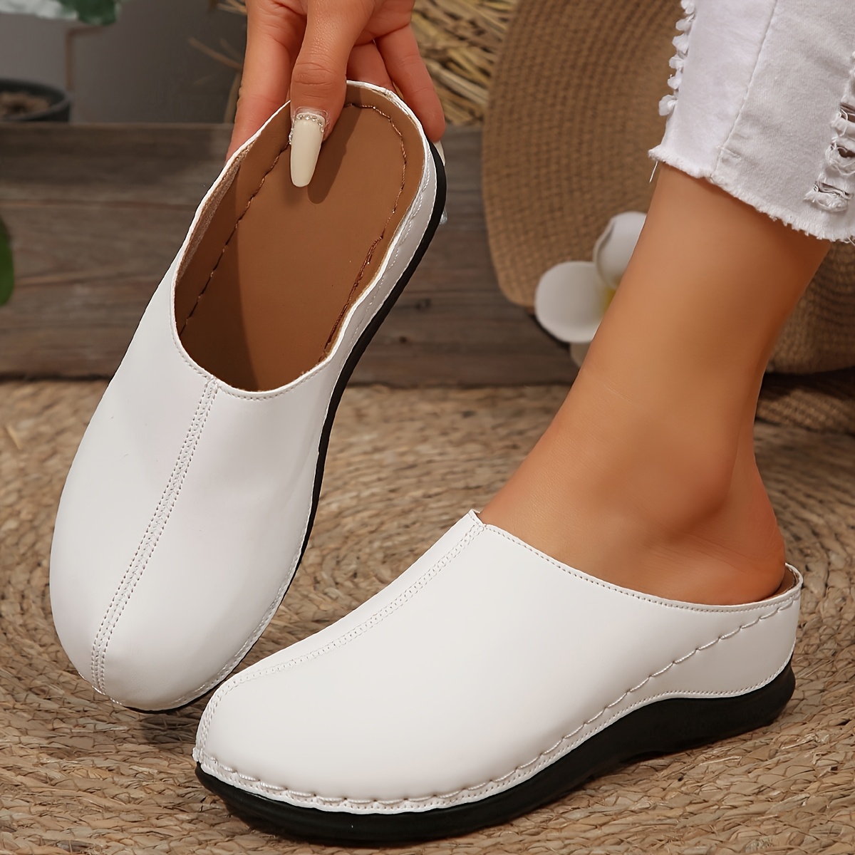 Zuecos para Mujer Zapatos Sintéticos Blancos y Minimalistas con  Gruesa de Goma, Cómodos y Transpirables para Atuendos Casual