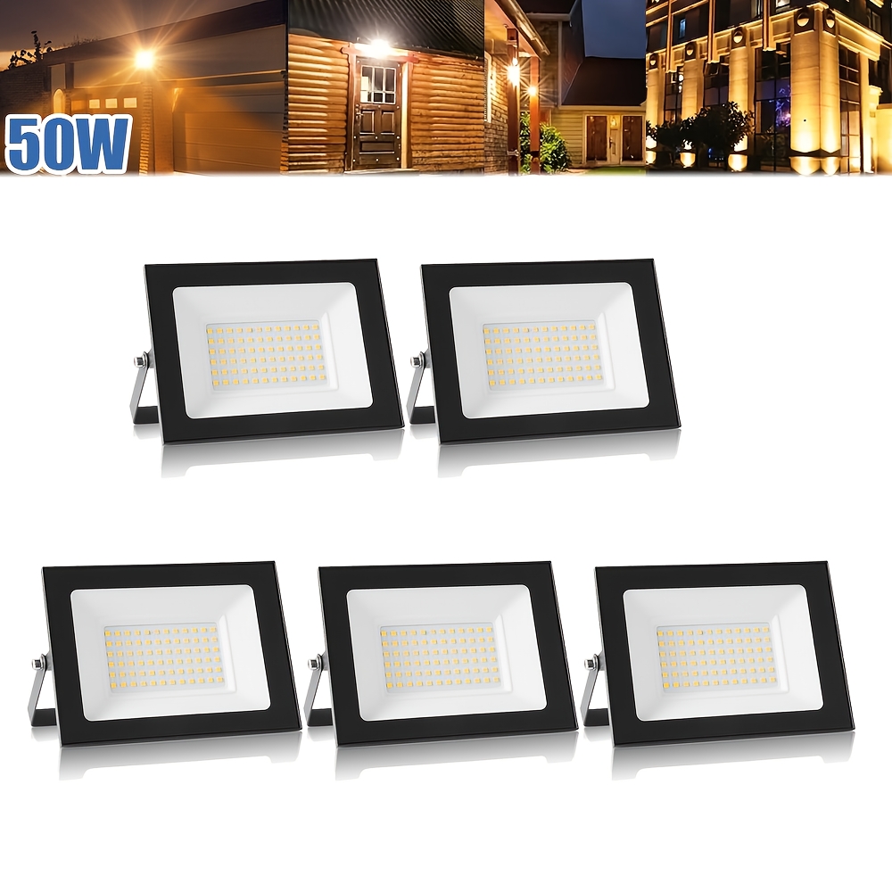 Pack Of 5, 50w Warm White Led Flood Lights, Ip65 Rated For , Suitable For Outdoor Security And Commercial Lighting. Made Of Aluminum, Ideal For Yards, Gardens, , Garages, Playgrounds