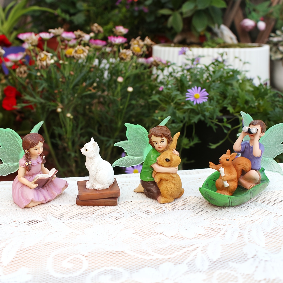 

4pcs Spring Fairy Garden Set - Resin Flower Fairy & Animal Figurines For Decor - Ideal For Living Room, Bedroom, Desk - Outdoor Lawn & Bonsai Accents - No Battery Required