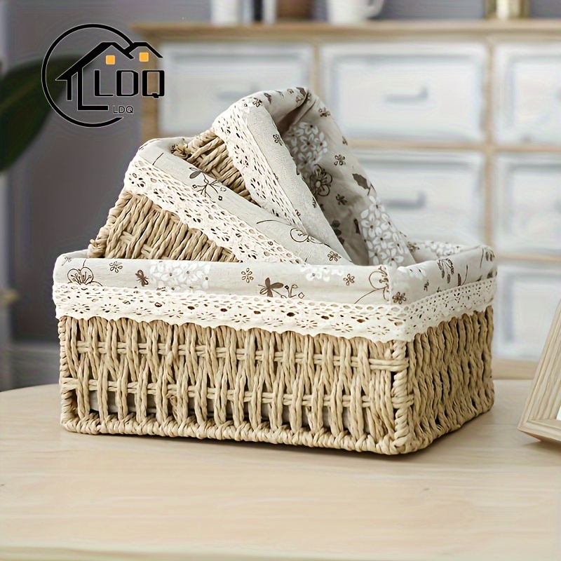 

3pcs Ldq Handmade Rattan Storage Baskets With Lace Accents, Vintage Rustic Style Woven Organizer For Cosmetics And , Fragrance-free Paper Liner