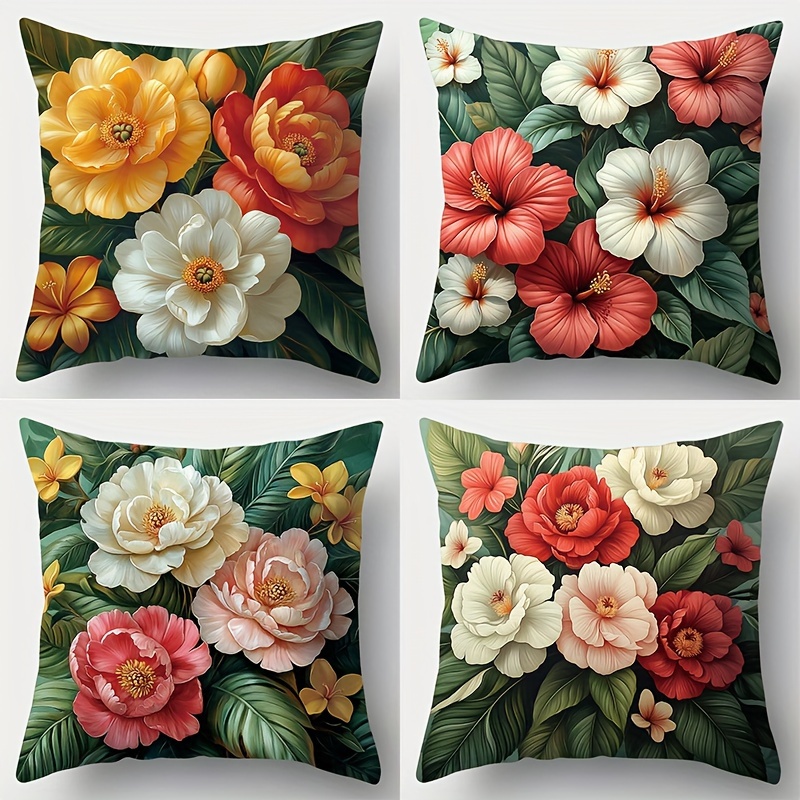 

4-pack Contemporary Floral Throw Pillow Covers, 17.72" X 17.72" - Hand Wash Only, Zipper Closure, Woven Polyester Decorative Pillowcases For Living Room Sofa, Bed, Home Decor - No Insert