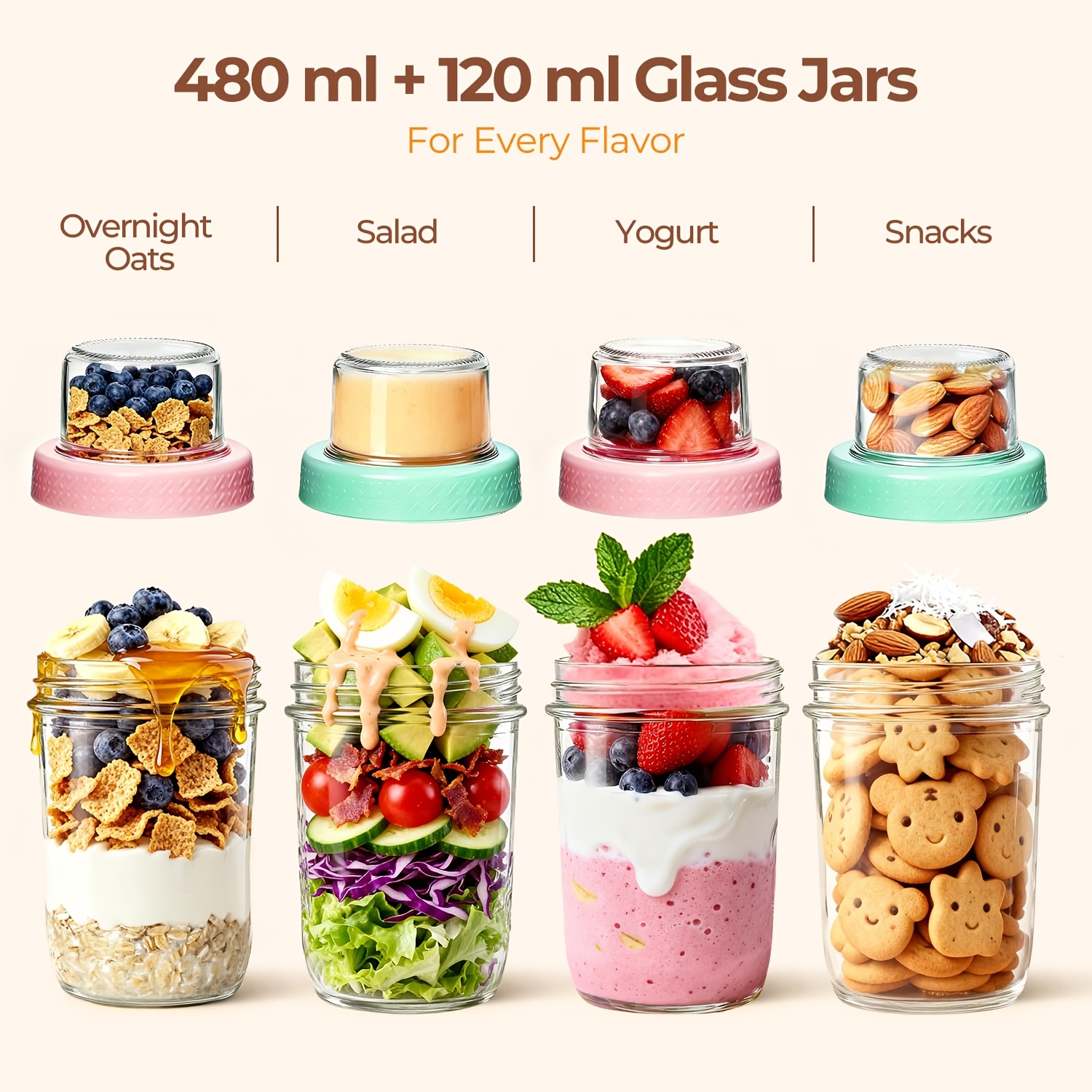 TEMU Overnight Oats Jar With Lids 480ml X 4pcs, 120ml X 4pcs, 4 Pack Glass Overnight Oats Container, Dual-layer Yoghurt Pots For Dry-wet , Breakfast